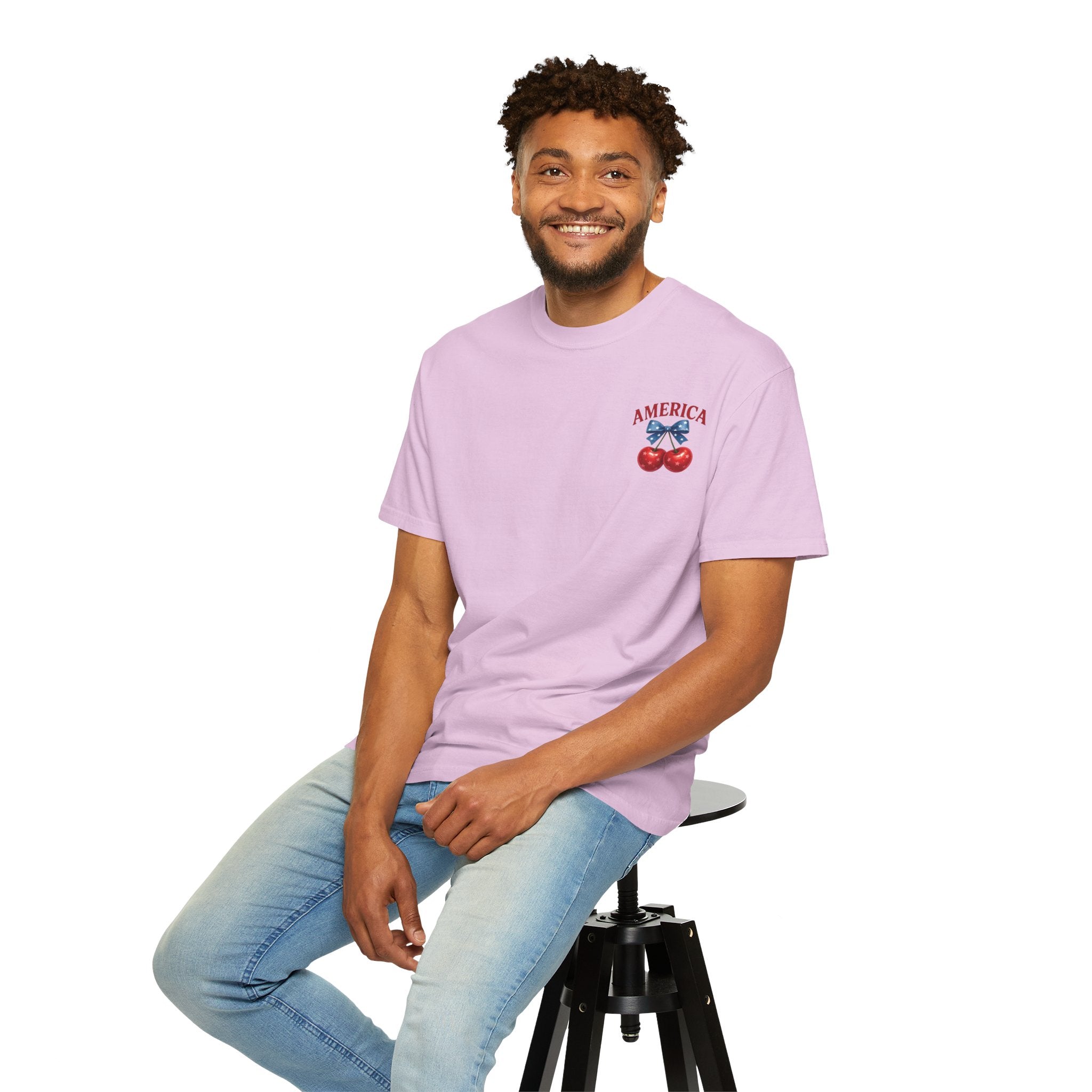 America Cherry Bow T-shirt | Patriotic Stars & Stripes Cherry Design