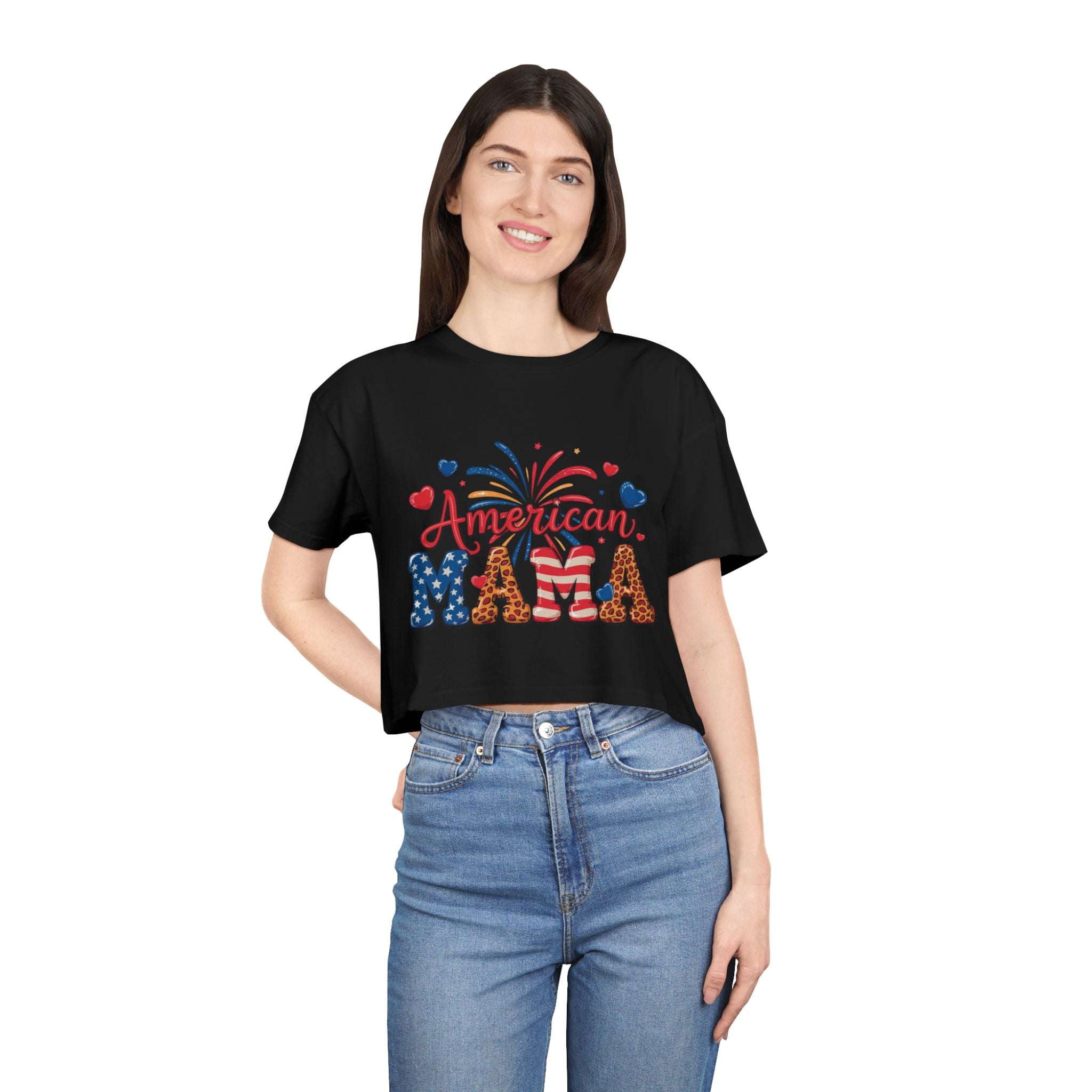 American Mama crop tee | Patriotic Fourth of July fireworks USA design