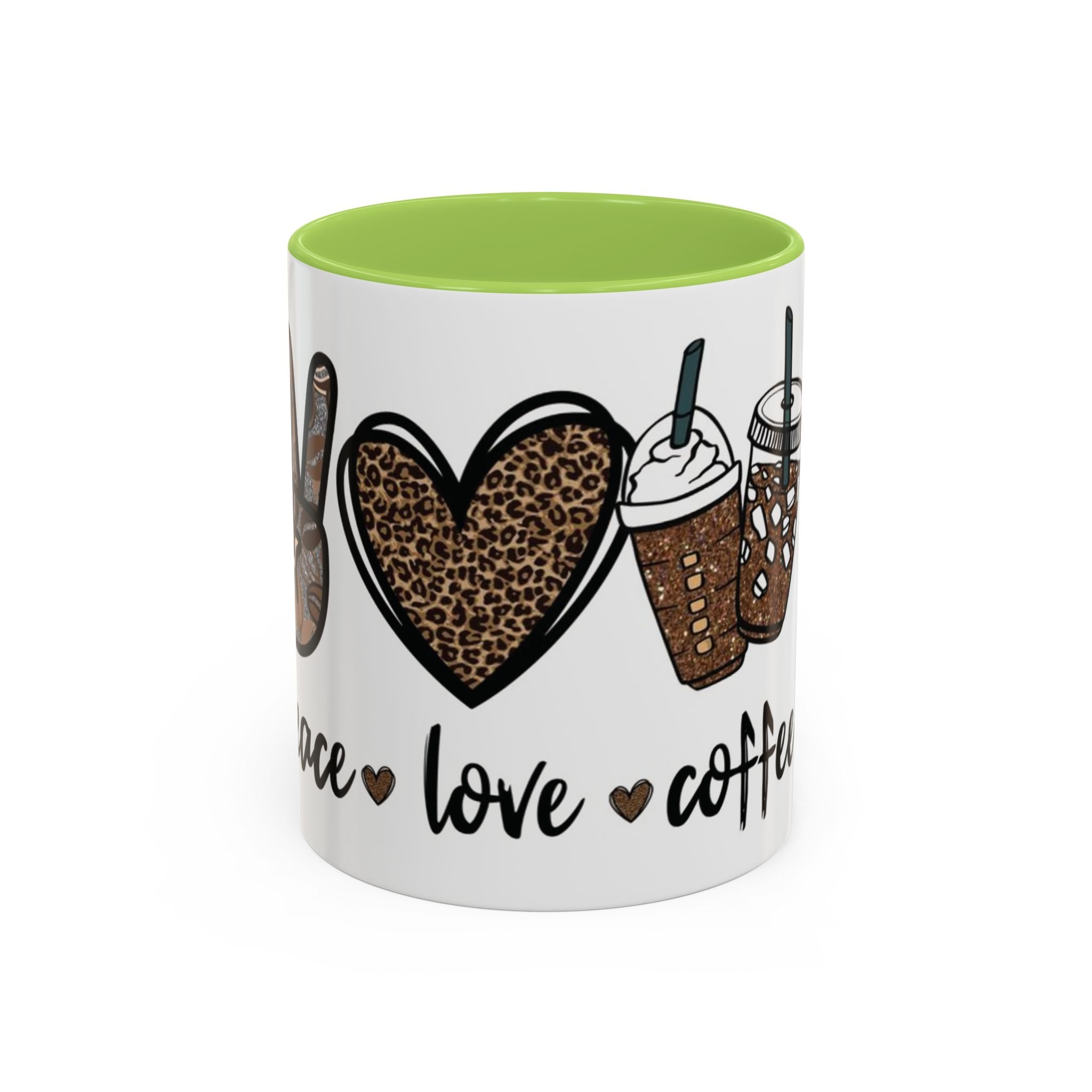 Coffee Love Accent Mug — Leopard Print Peace, Heart & Coffee Design (11/15oz)