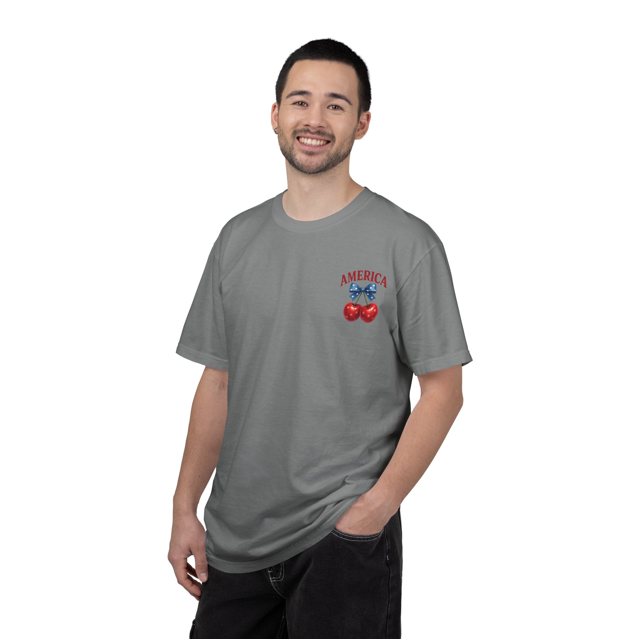 America Cherry Bow T-shirt | Patriotic Stars & Stripes Cherry Design
