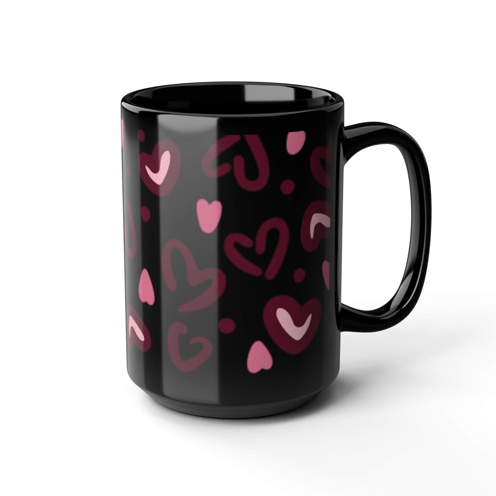 Hand-Drawn Pink Hearts Black Mug | Ceramic Heart Pattern Coffee Mug
