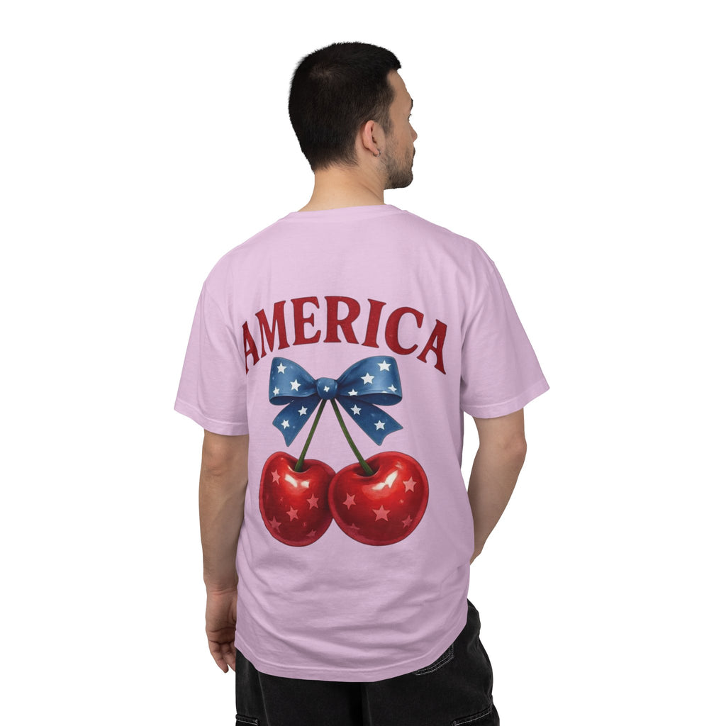 America Cherry Bow T-shirt | Patriotic Stars & Stripes Cherry Design