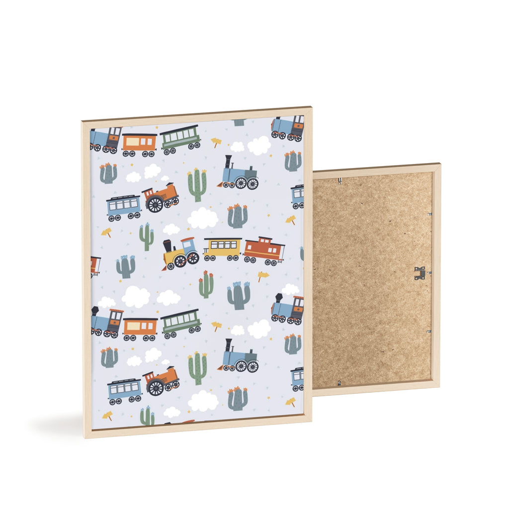 Kids' Train Poster with Wooden Frame — Nursery Wall Art, Playroom Decor
