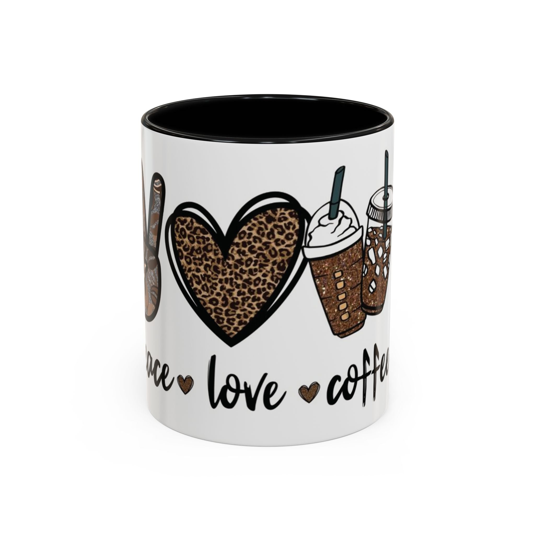 Coffee Love Accent Mug — Leopard Print Peace, Heart & Coffee Design (11/15oz)