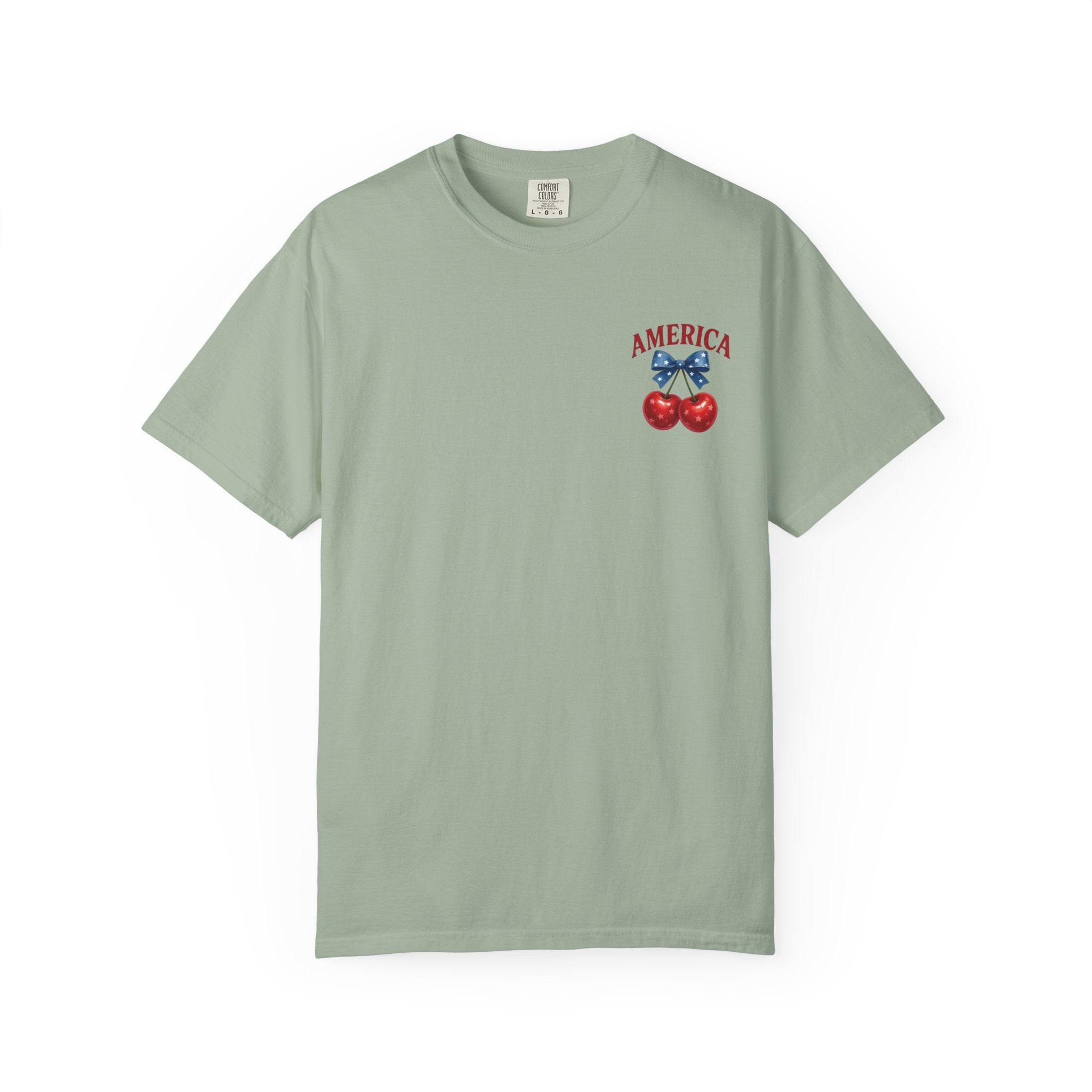 America Cherry Bow T-shirt | Patriotic Stars & Stripes Cherry Design