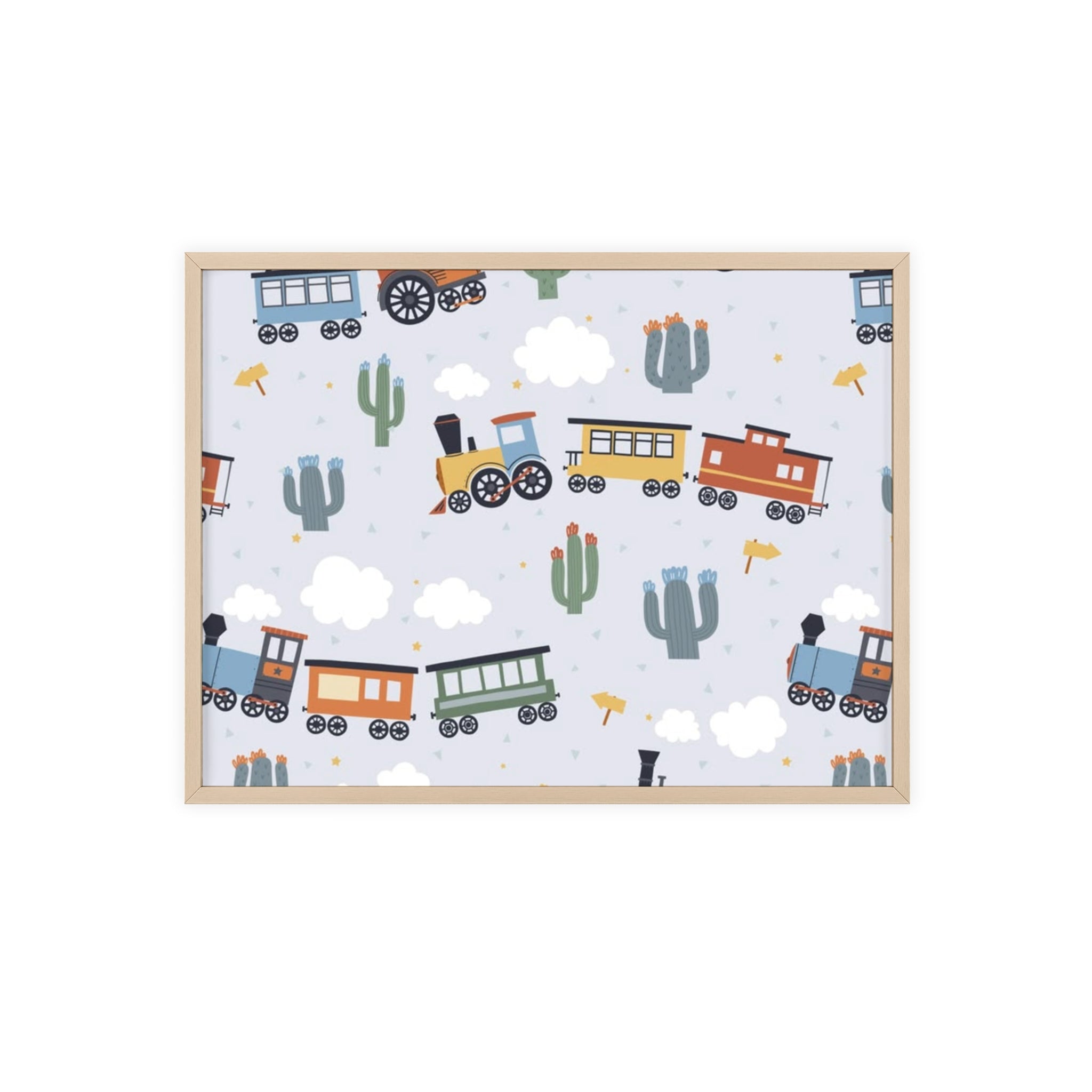 Kids' Train Poster with Wooden Frame — Nursery Wall Art, Playroom Decor