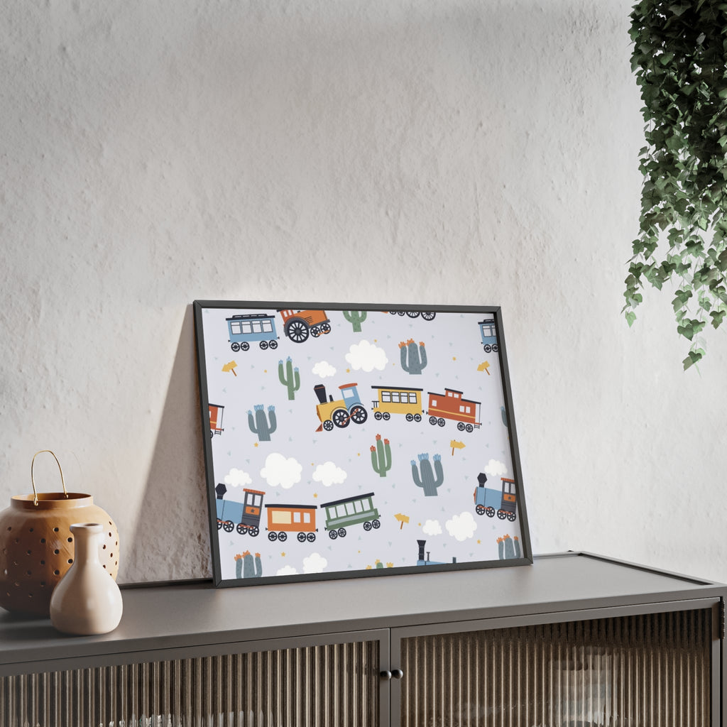 Kids' Train Poster with Wooden Frame — Nursery Wall Art, Playroom Decor