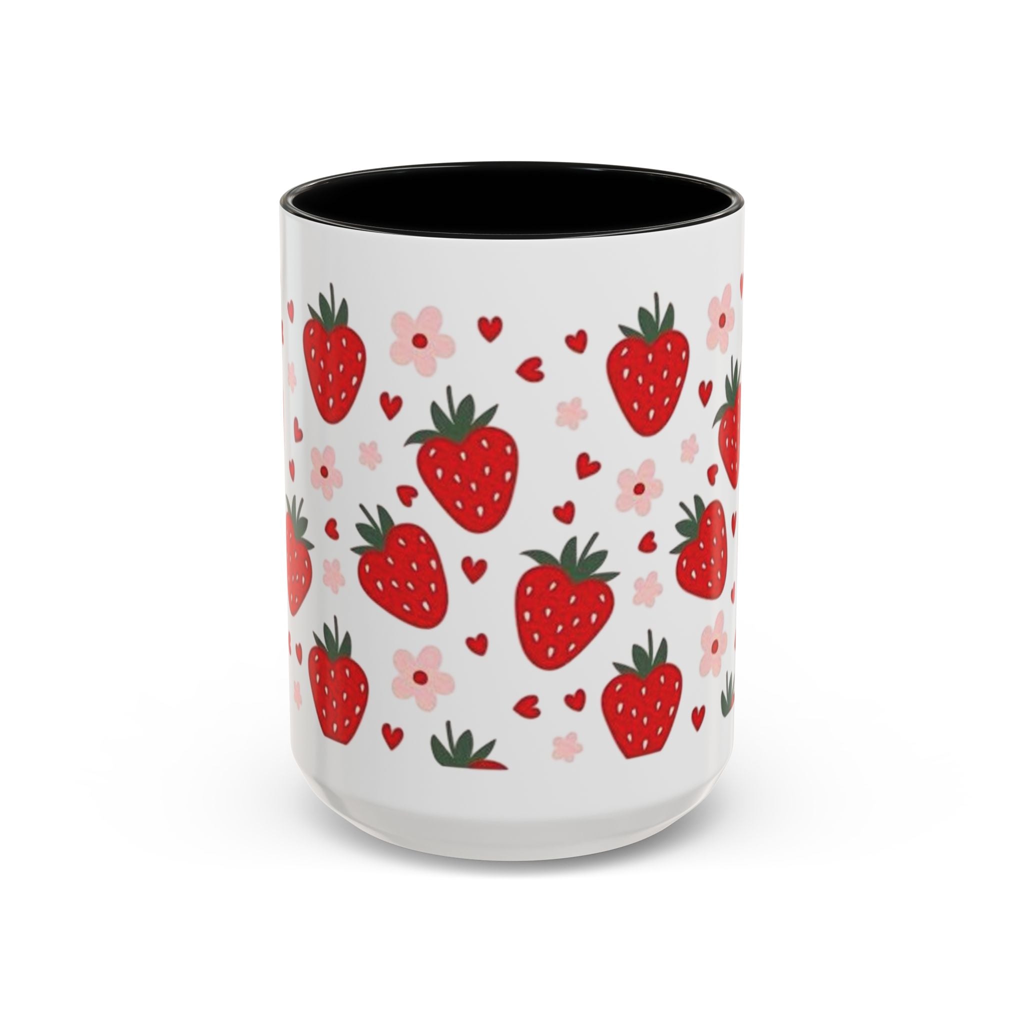 Strawberry Pattern Accent Coffee Mug — Cute Red Berries & Hearts 11/15oz