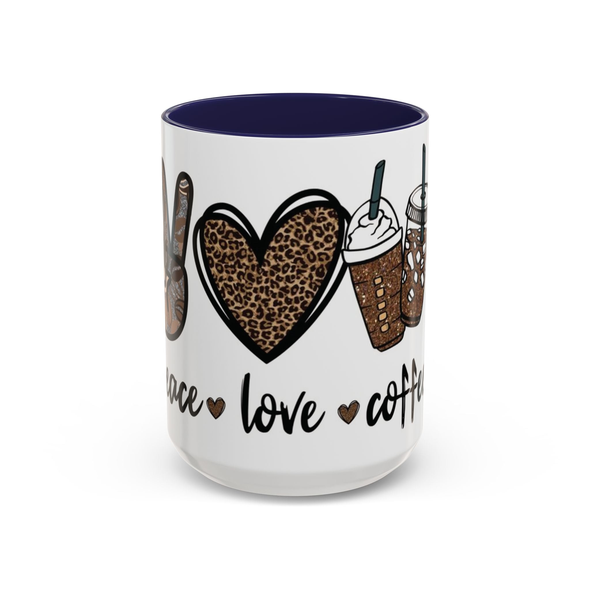 Coffee Love Accent Mug — Leopard Print Peace, Heart & Coffee Design (11/15oz)