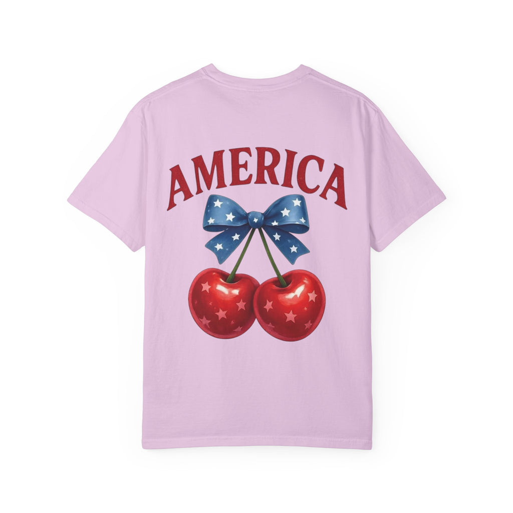 America Cherry Bow T-shirt | Patriotic Stars & Stripes Cherry Design