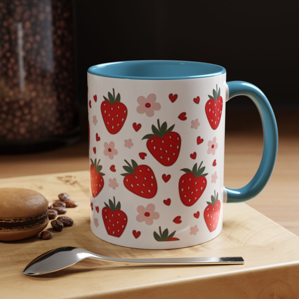 Strawberry Pattern Accent Coffee Mug — Cute Red Berries & Hearts 11/15oz