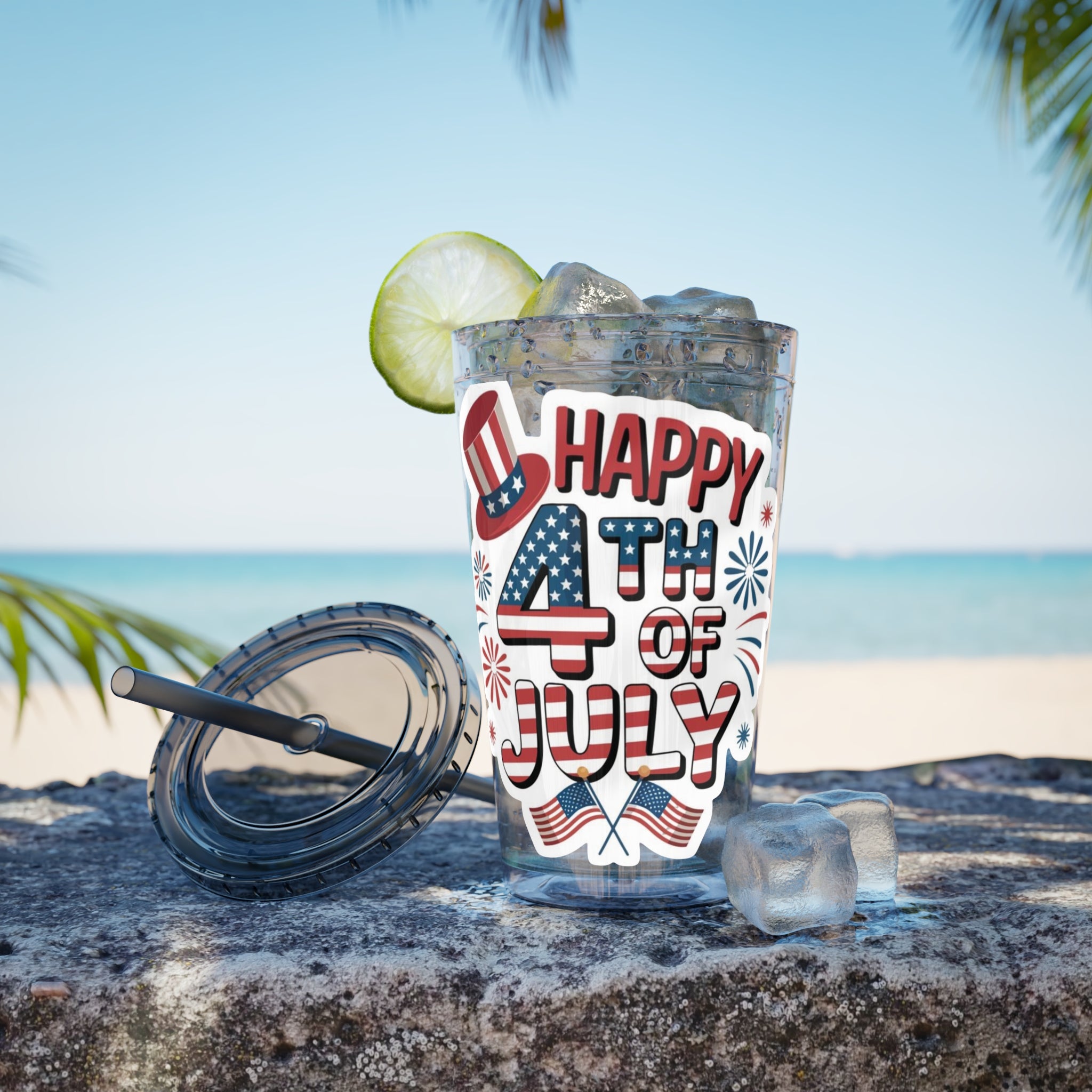 Happy 4th of July Tumbler | 16oz Straw Cup, Patriotic Fireworks Flag Design