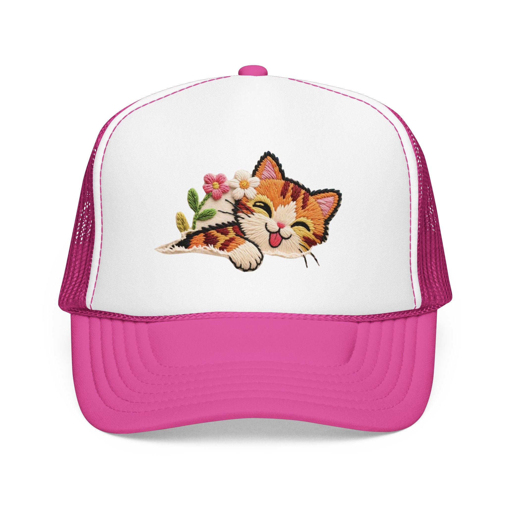 Trucker Hat — Cute Sleeping Calico Cat with Flowers Foam Mesh Cap