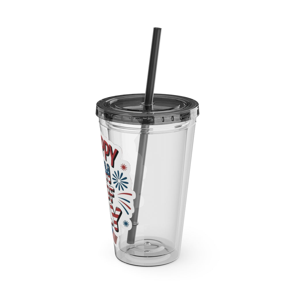 Happy 4th of July Tumbler | 16oz Straw Cup, Patriotic Fireworks Flag Design