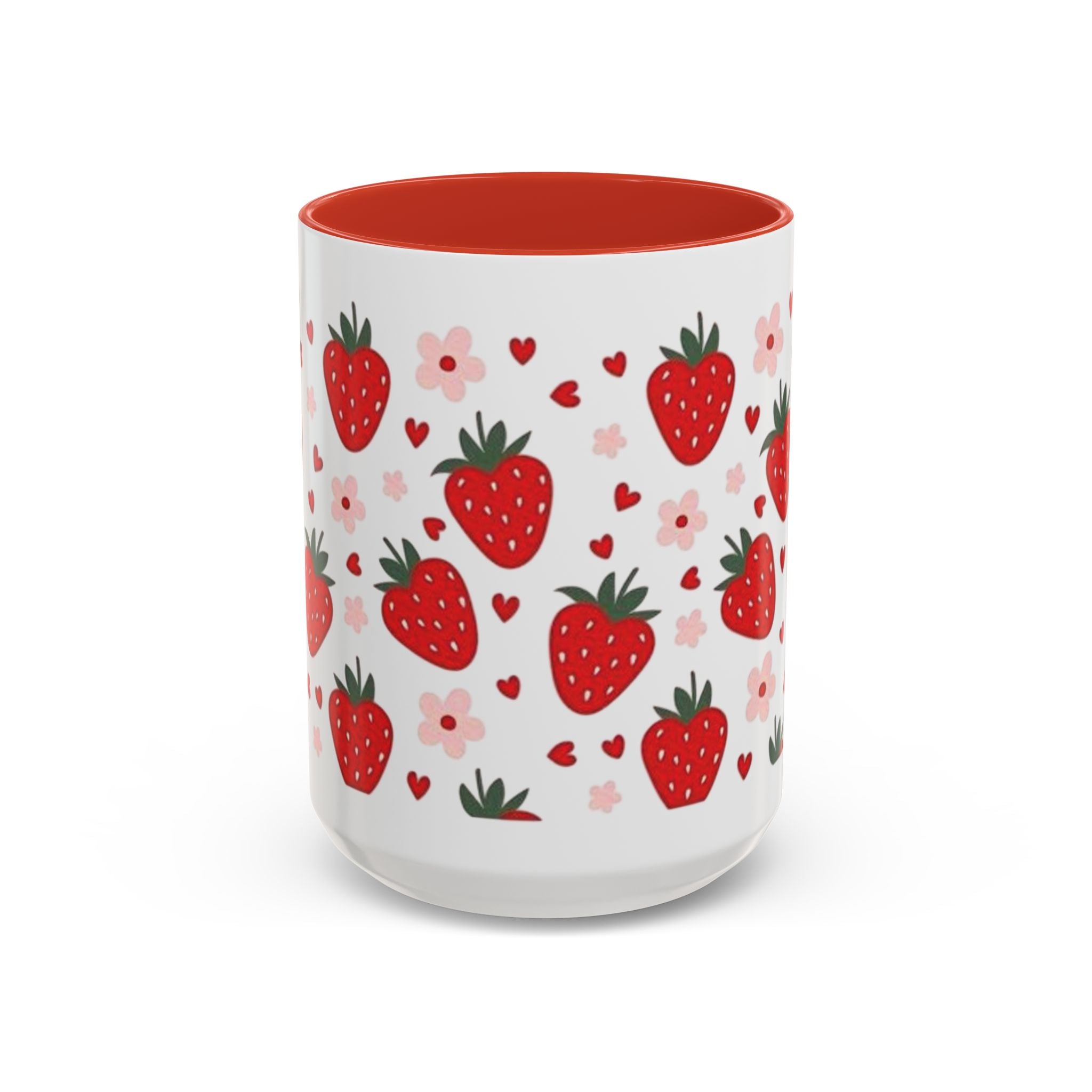 Strawberry Pattern Accent Coffee Mug — Cute Red Berries & Hearts 11/15oz