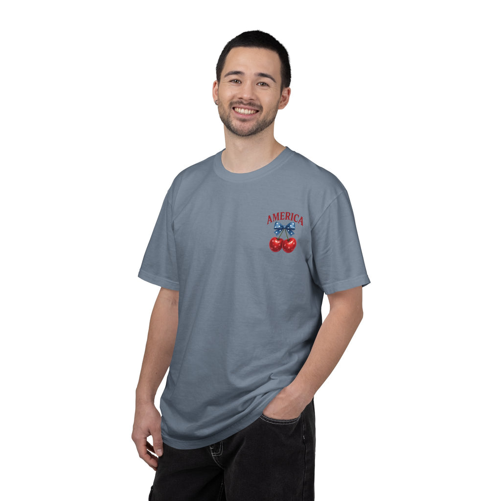 America Cherry Bow T-shirt | Patriotic Stars & Stripes Cherry Design