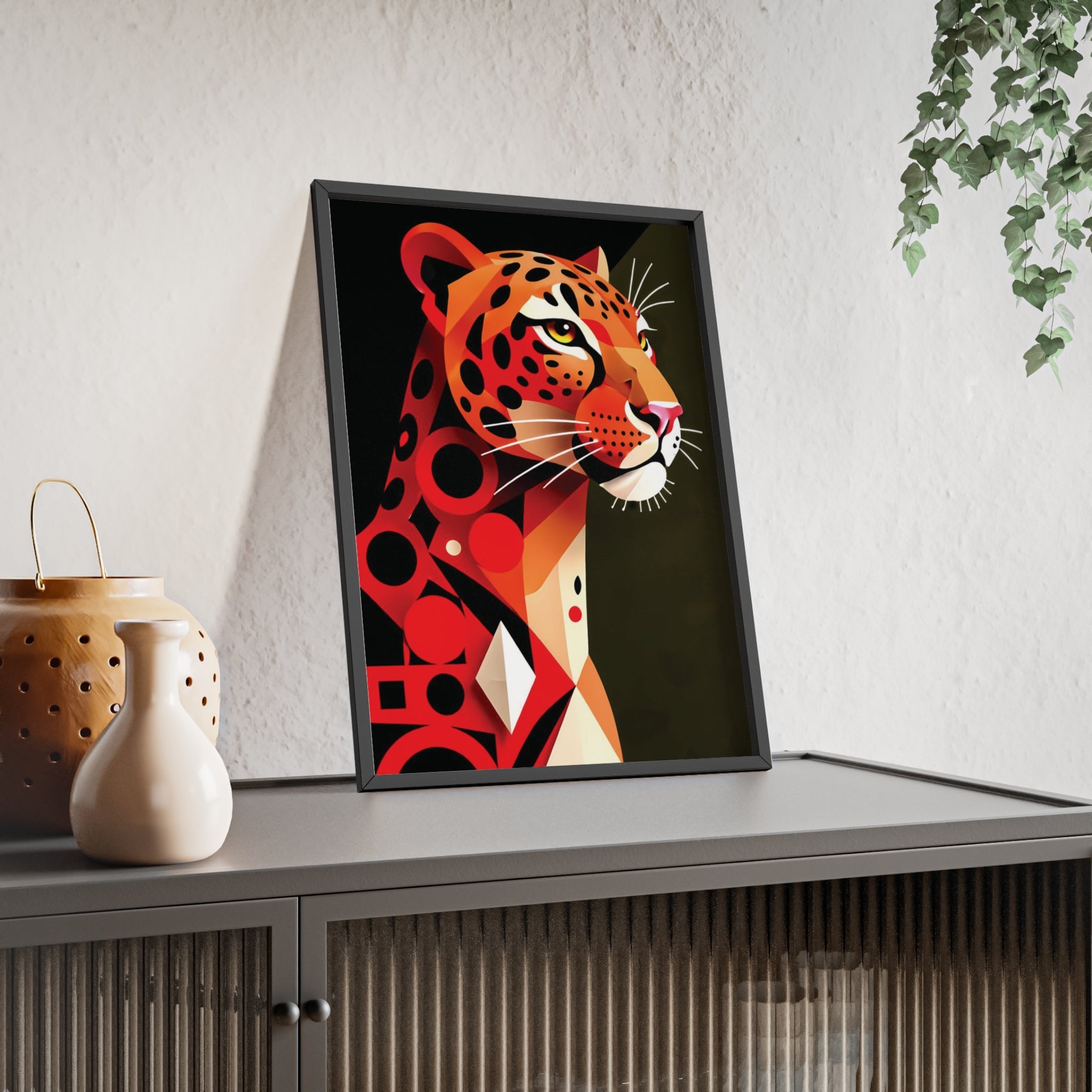 Geometric Leopard Art Poster with Wooden Frame — Bold Wildlife Wall Decor
