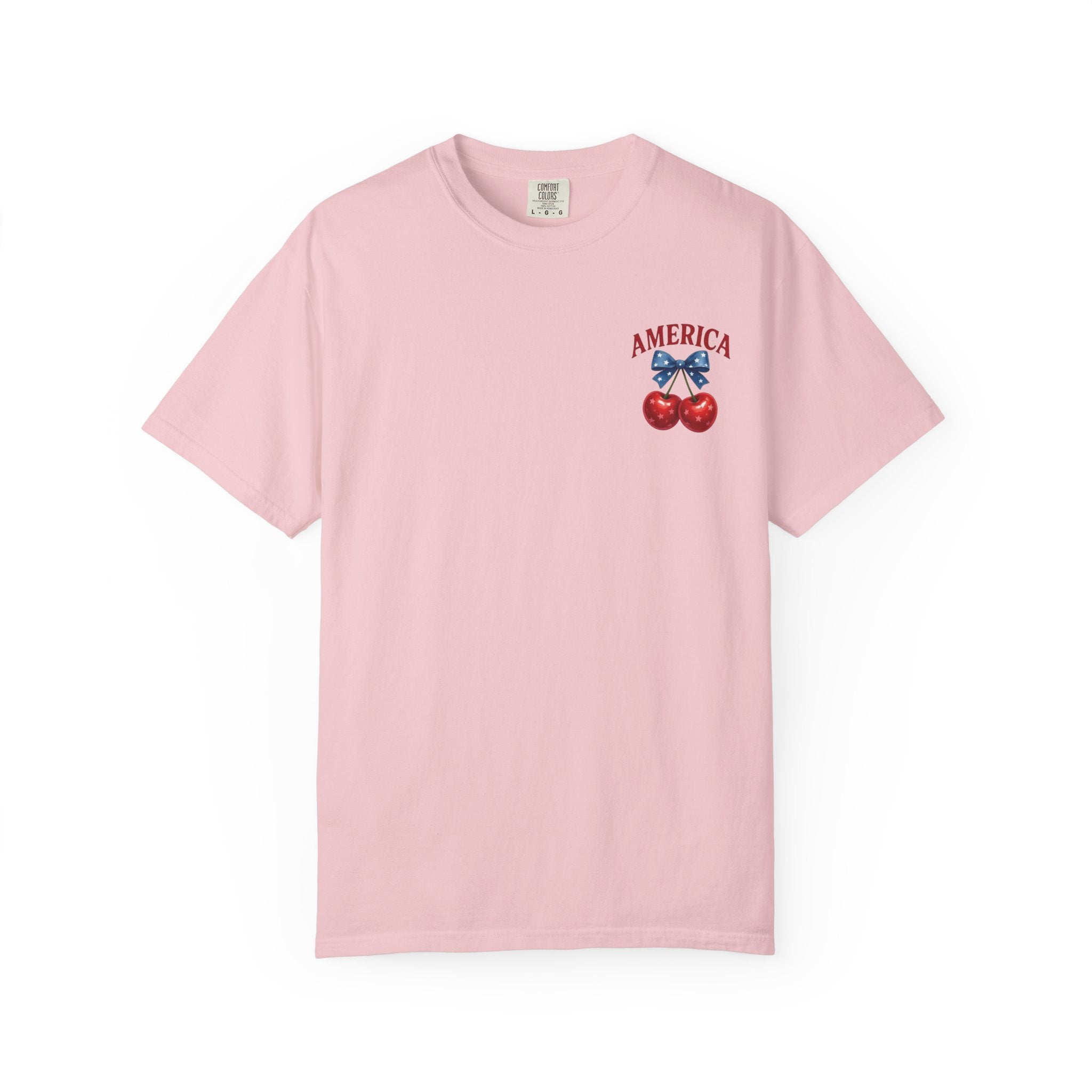 America Cherry Bow T-shirt | Patriotic Stars & Stripes Cherry Design