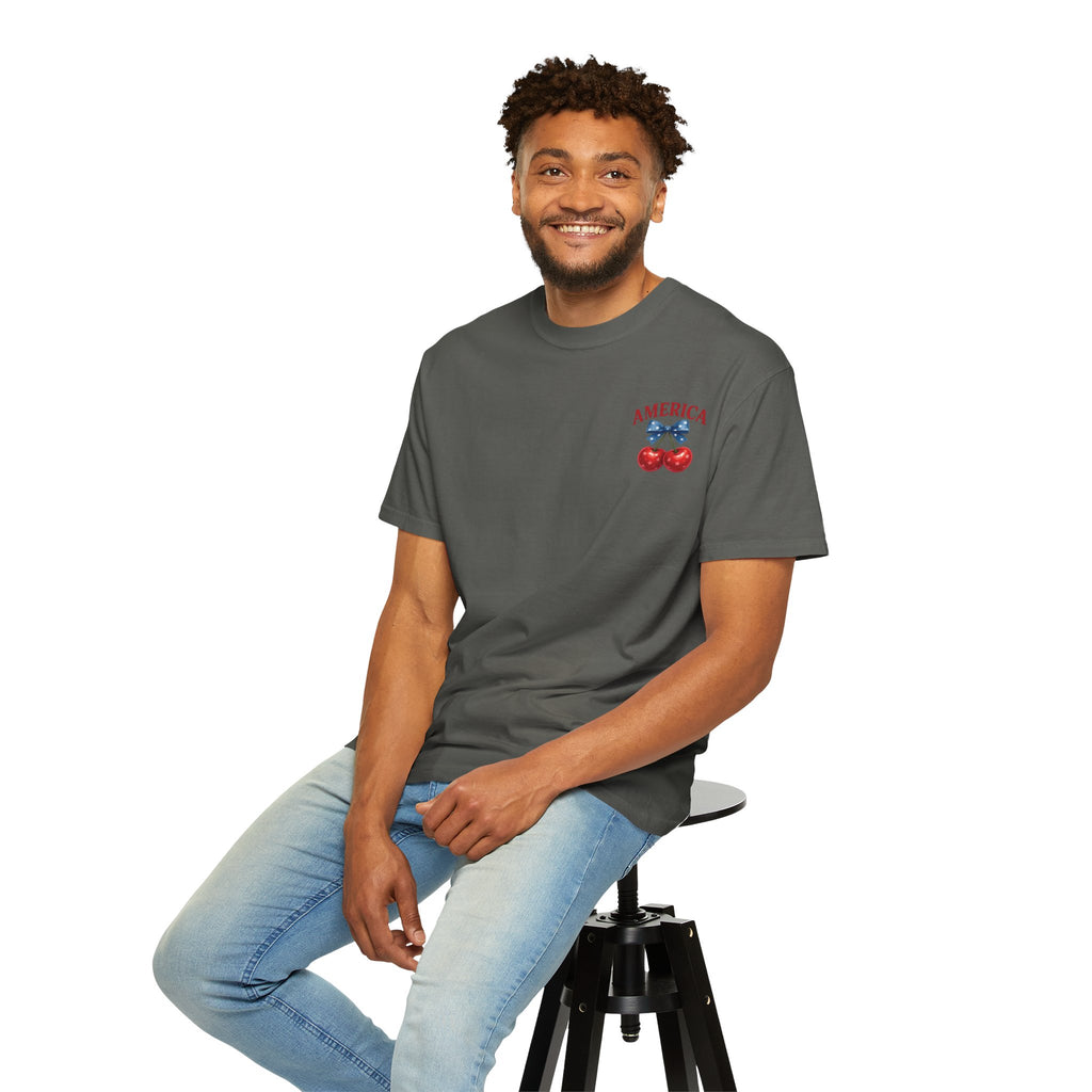 America Cherry Bow T-shirt | Patriotic Stars & Stripes Cherry Design