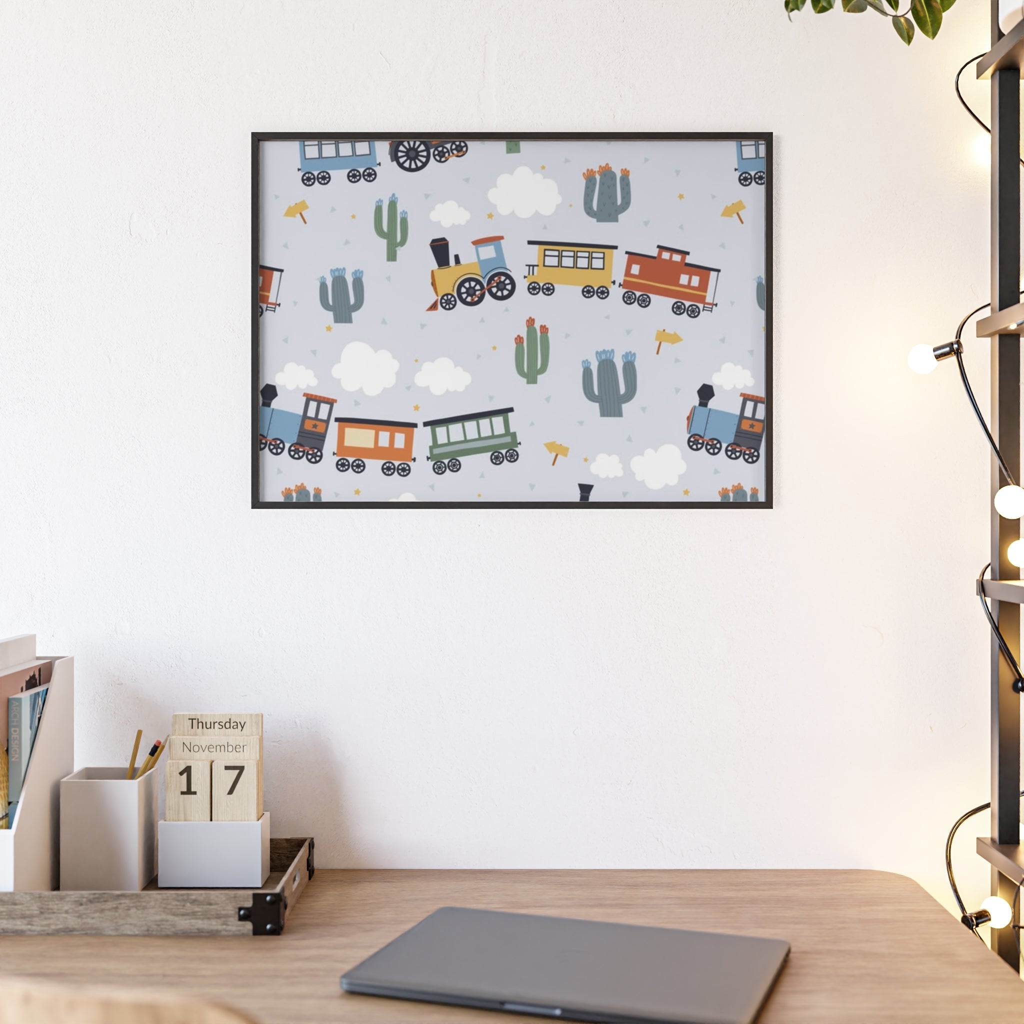 Kids' Train Poster with Wooden Frame — Nursery Wall Art, Playroom Decor