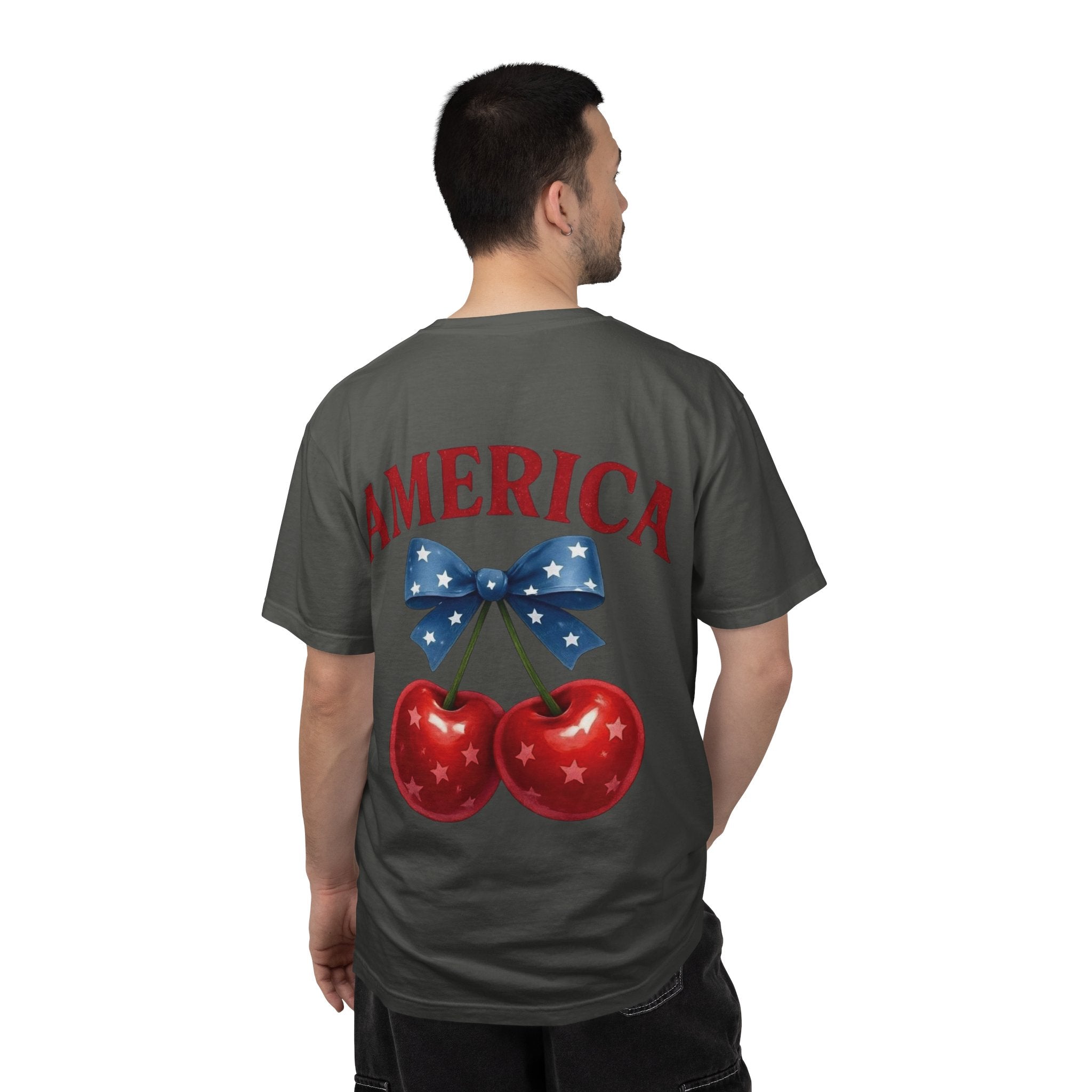 America Cherry Bow T-shirt | Patriotic Stars & Stripes Cherry Design