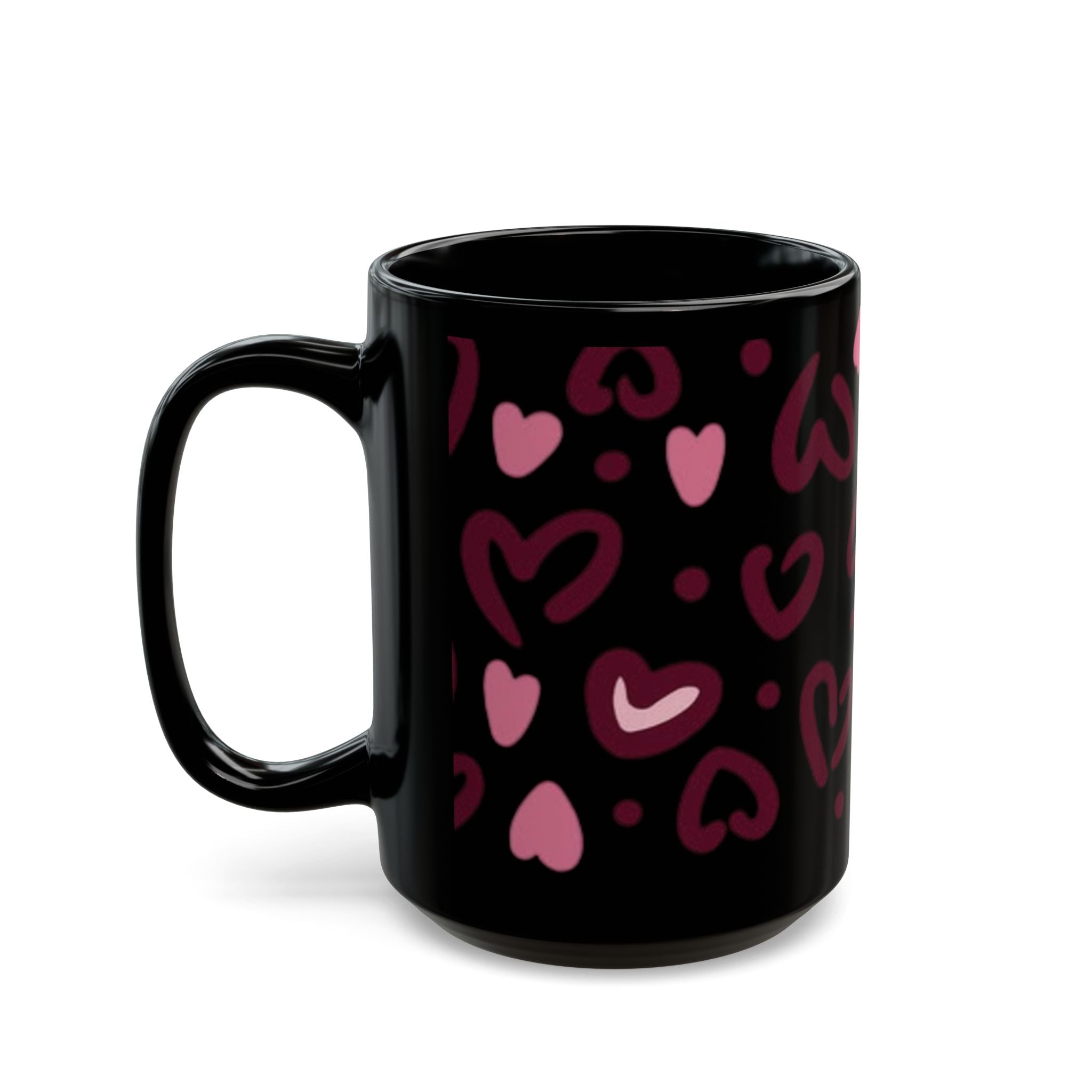Hand-Drawn Pink Hearts Black Mug | Ceramic Heart Pattern Coffee Mug