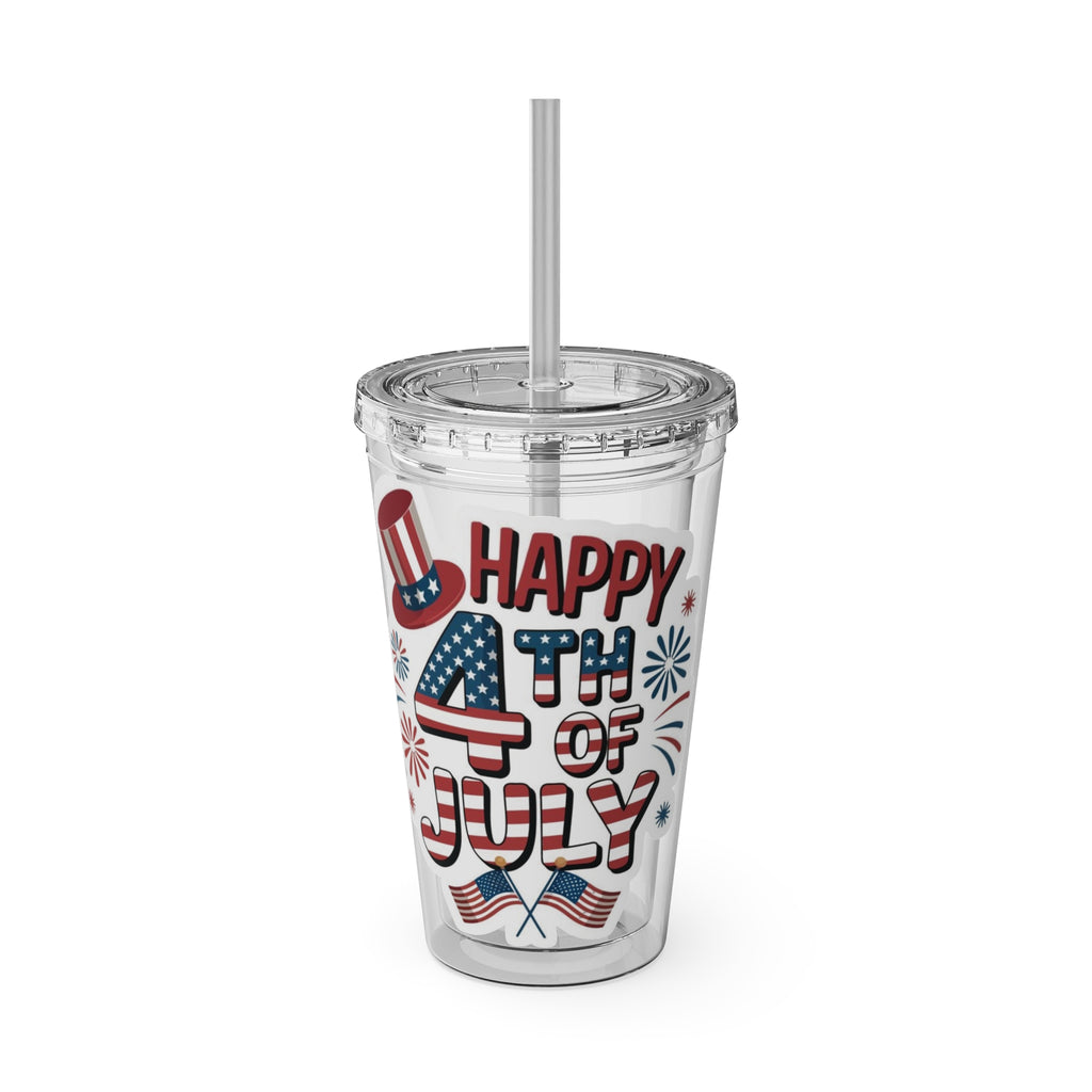 Happy 4th of July Tumbler | 16oz Straw Cup, Patriotic Fireworks Flag Design