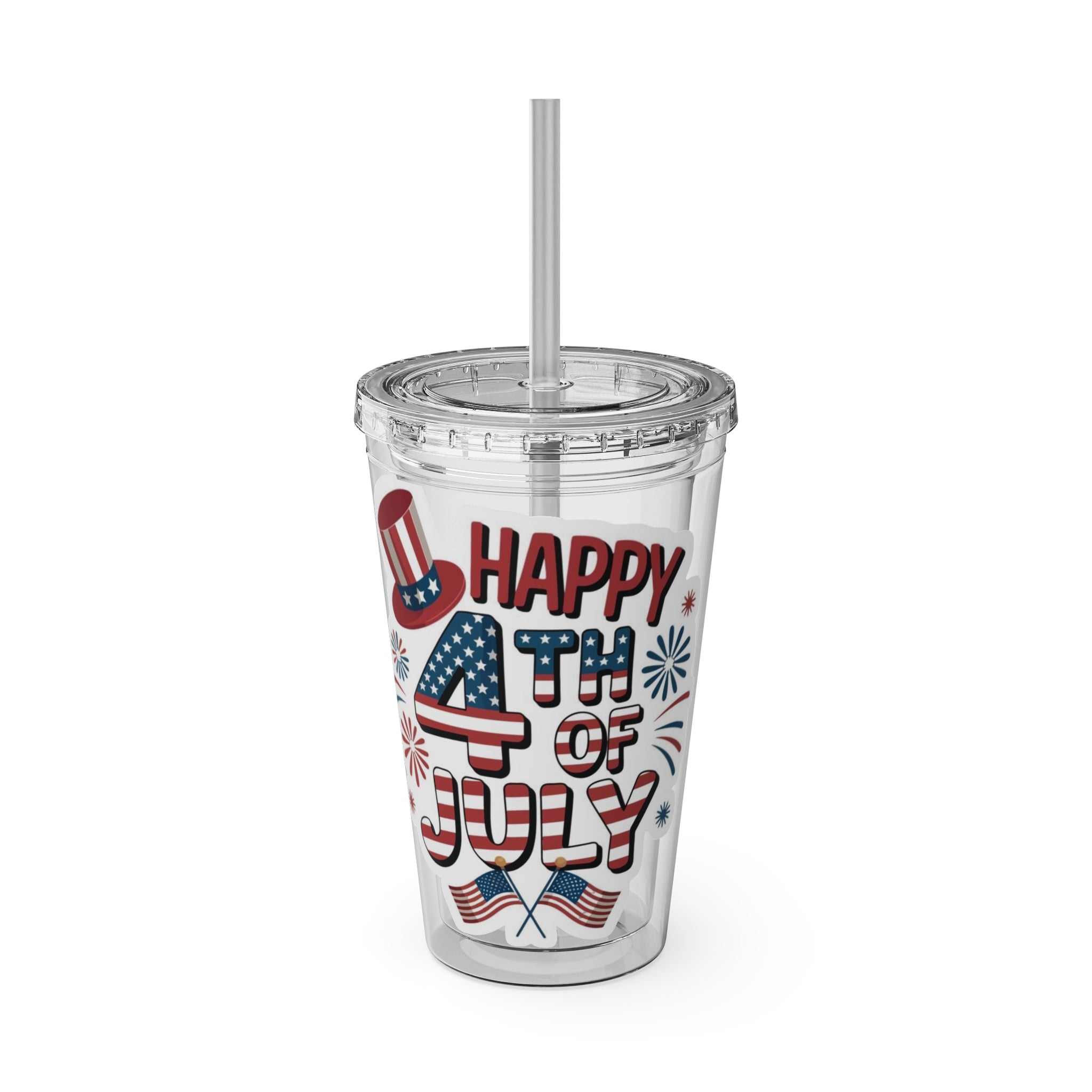 Happy 4th of July Tumbler | 16oz Straw Cup, Patriotic Fireworks Flag Design