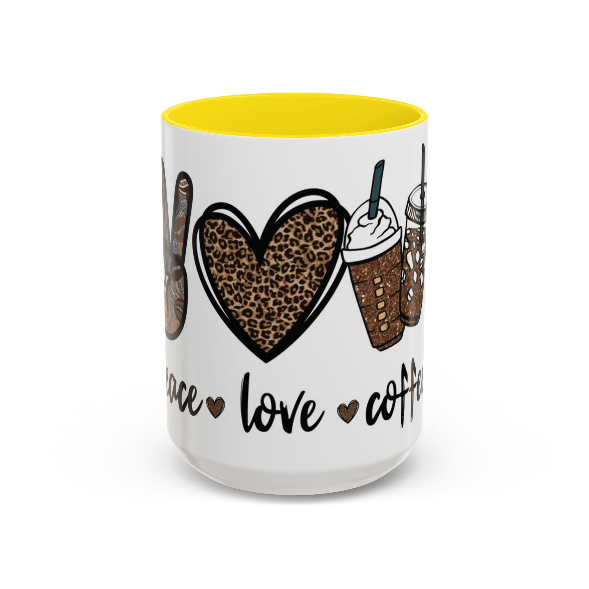 Coffee Love Accent Mug — Leopard Print Peace, Heart & Coffee Design (11/15oz)