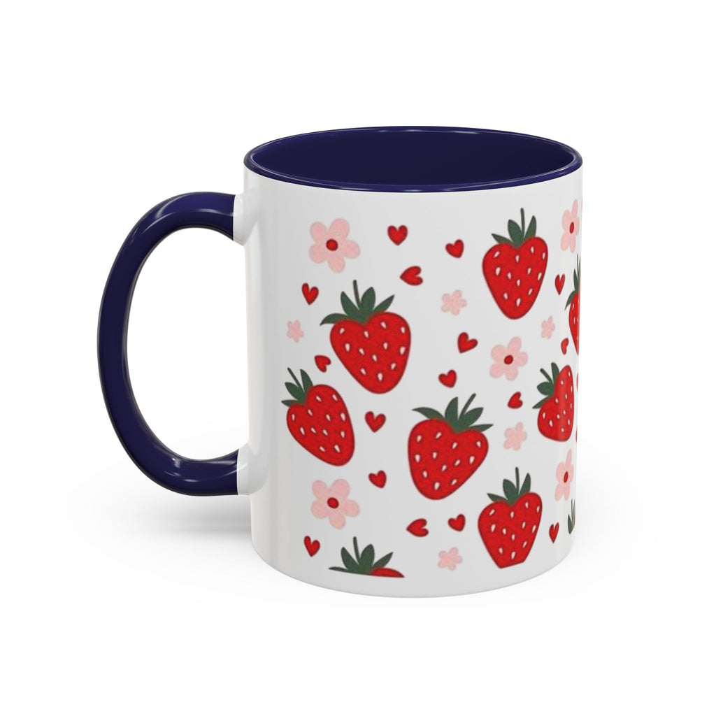Strawberry Pattern Accent Coffee Mug — Cute Red Berries & Hearts 11/15oz