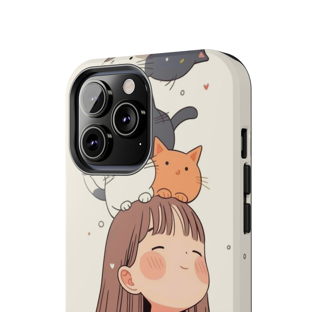 Girl with Cats Phone Case | Cute Cat Stack Illustration