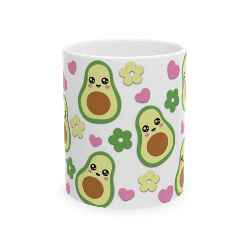Avocado Pattern Ceramic Mug — Cute Kawaii Avocado Hearts & Flowers Coffee Cup (11oz/15oz)