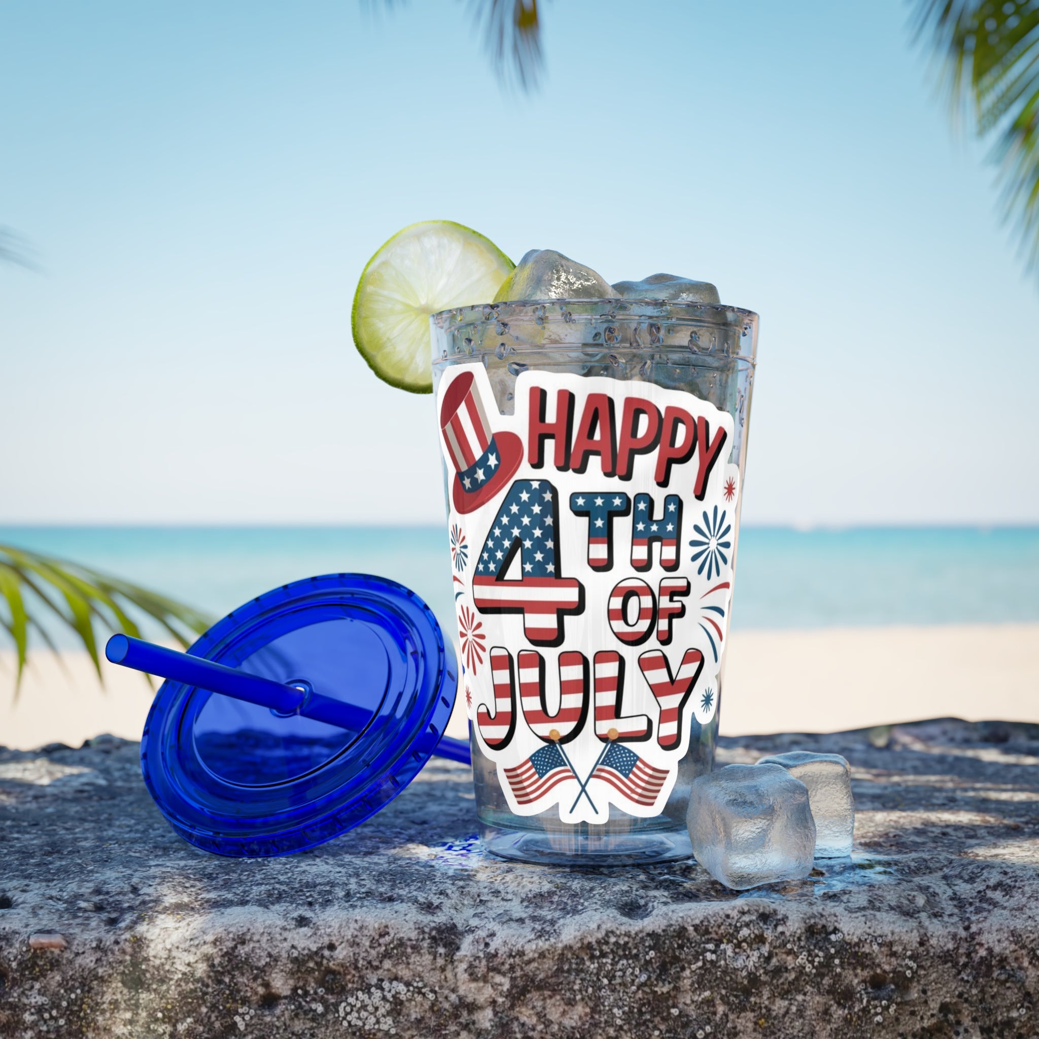 Happy 4th of July Tumbler | 16oz Straw Cup, Patriotic Fireworks Flag Design