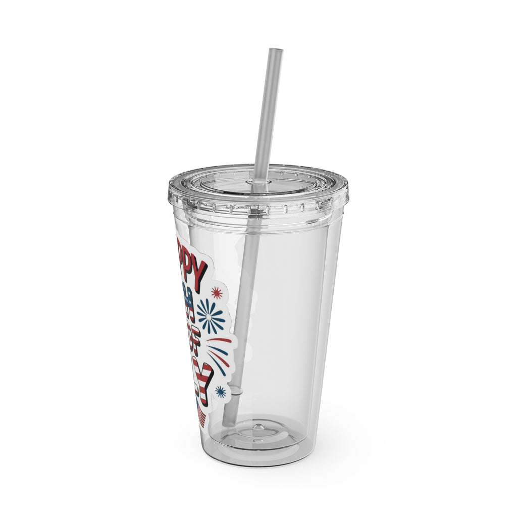 Happy 4th of July Tumbler | 16oz Straw Cup, Patriotic Fireworks Flag Design