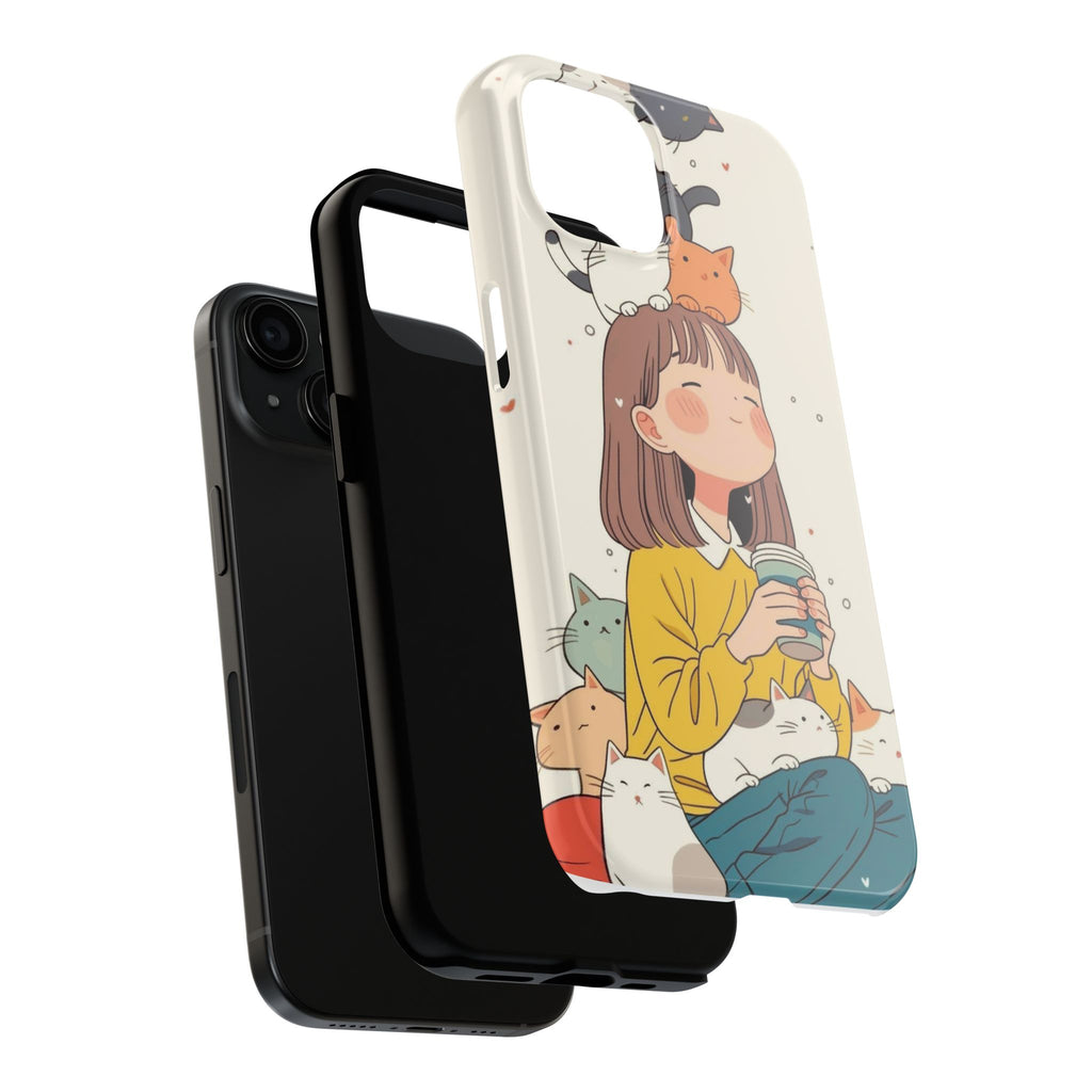 Girl with Cats Phone Case | Cute Cat Stack Illustration