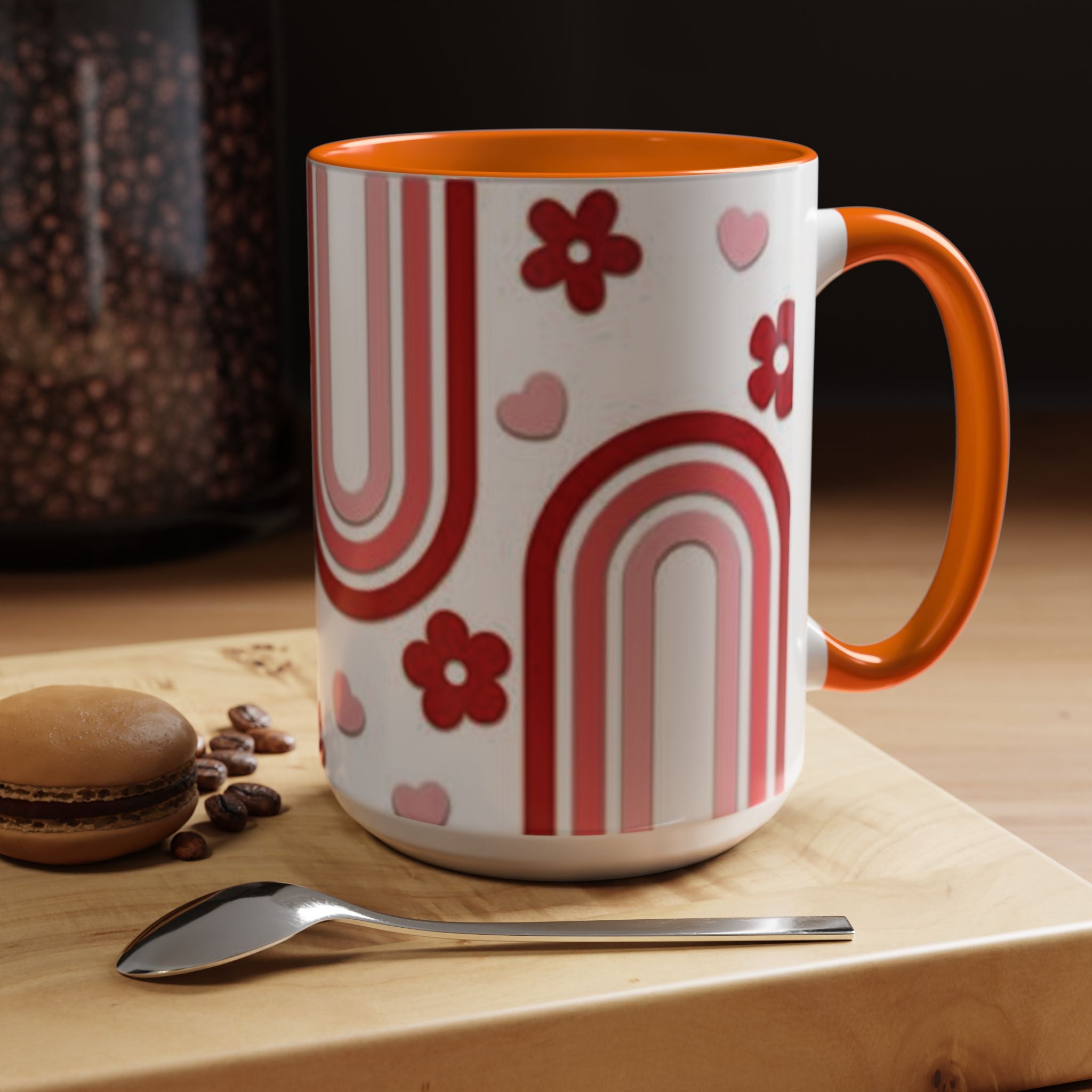 Retro Pink Rainbow Hearts and Flowers Accent Mug | 11oz or 15oz