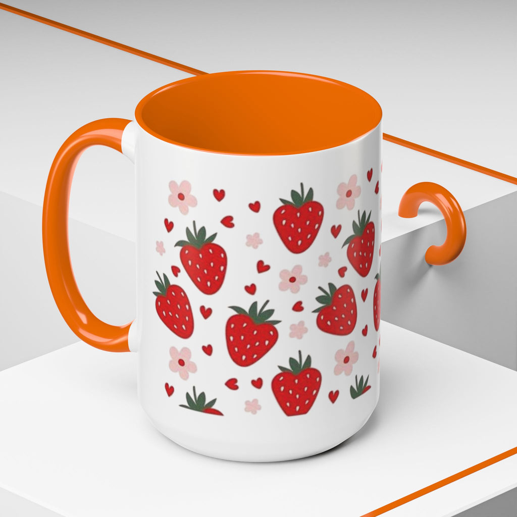 Strawberry Pattern Accent Coffee Mug — Cute Red Berries & Hearts 11/15oz