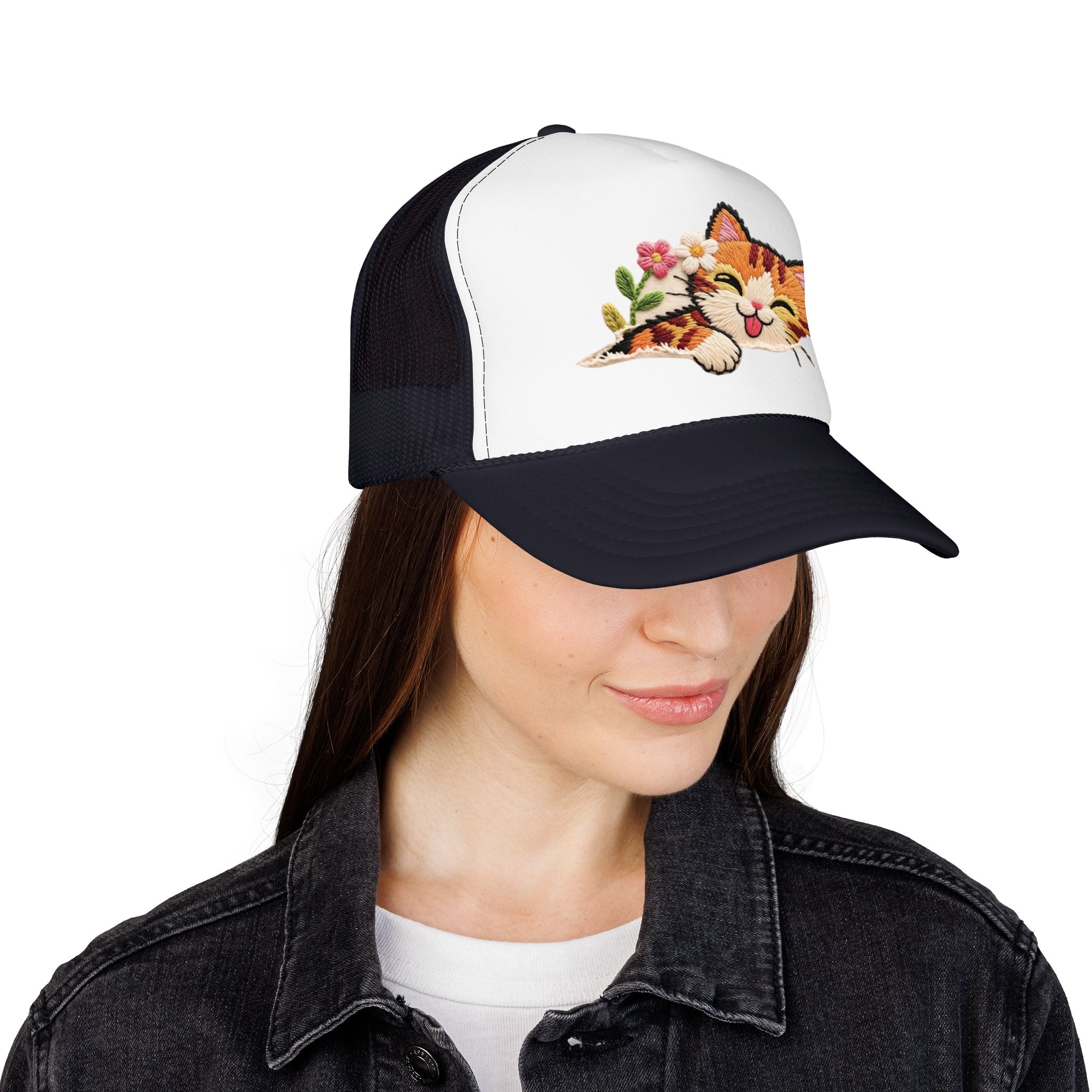 Trucker Hat — Cute Sleeping Calico Cat with Flowers Foam Mesh Cap