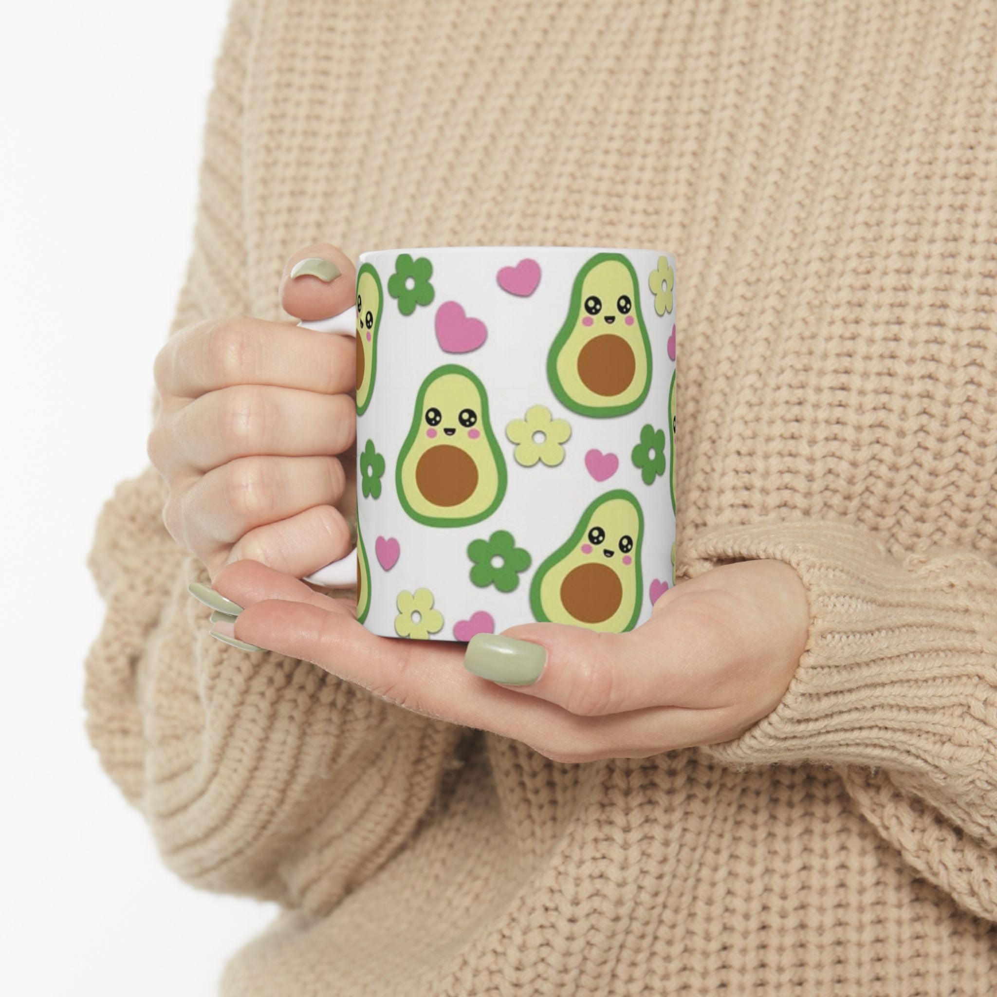 Avocado Pattern Ceramic Mug — Cute Kawaii Avocado Hearts & Flowers Coffee Cup (11oz/15oz)
