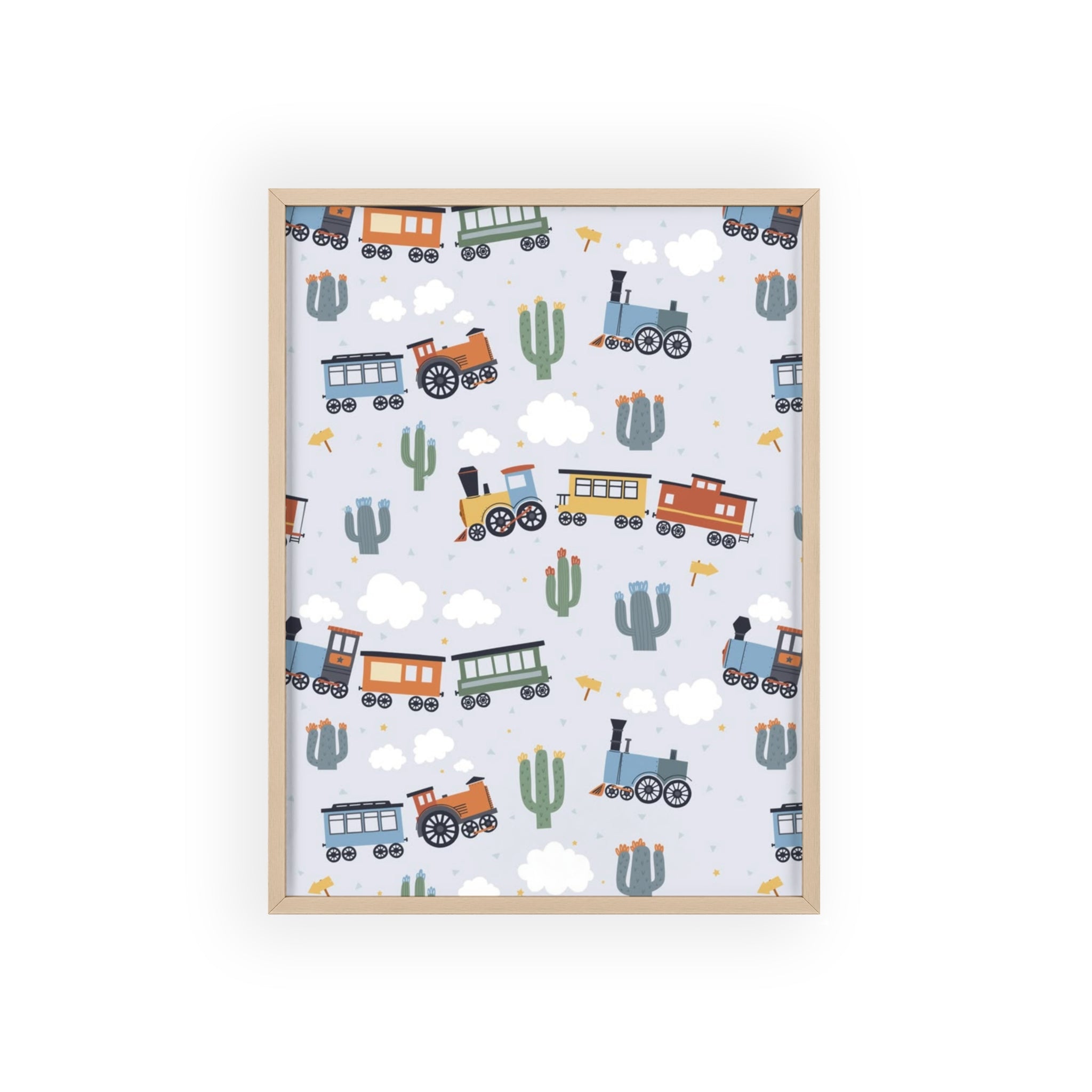 Kids' Train Poster with Wooden Frame — Nursery Wall Art, Playroom Decor