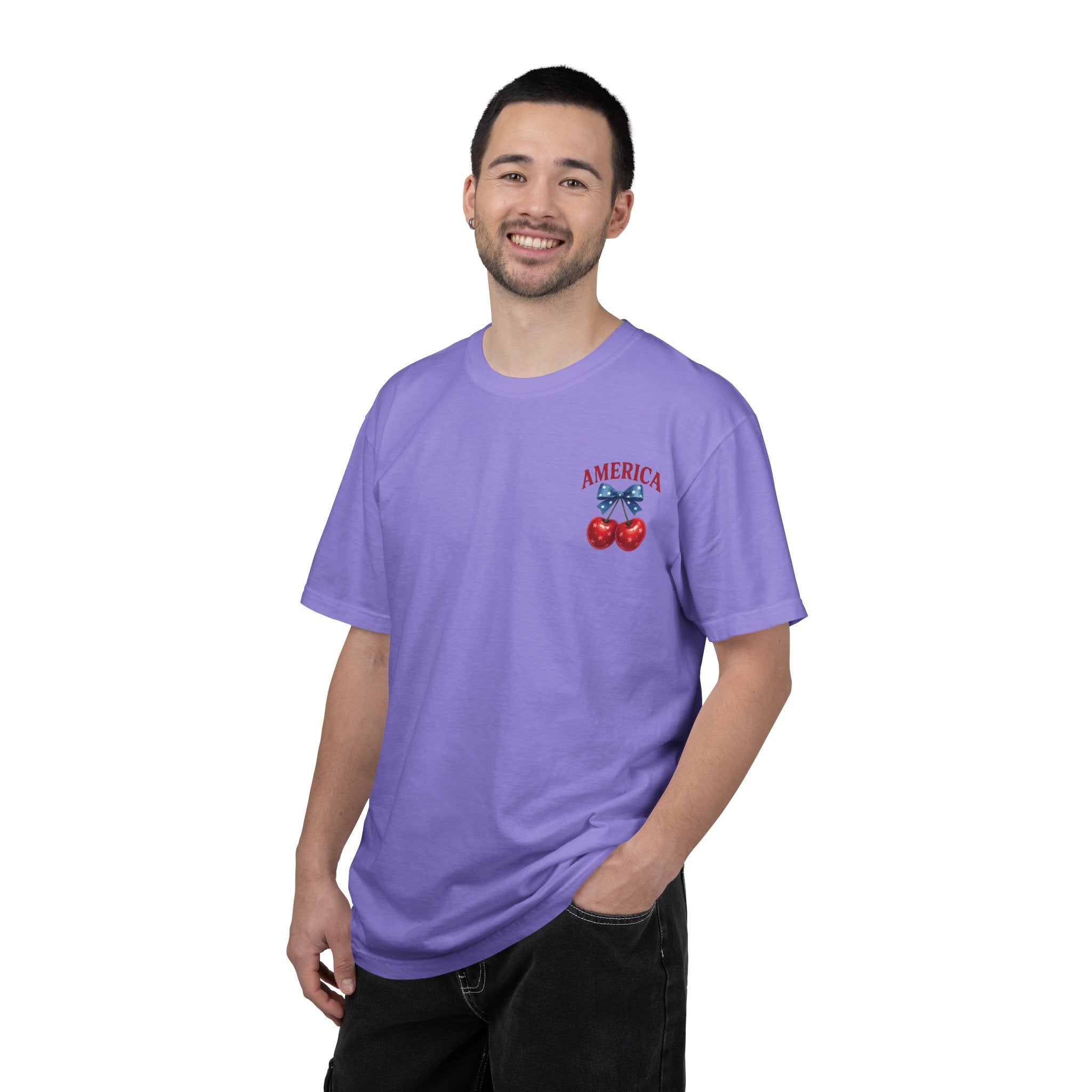 America Cherry Bow T-shirt | Patriotic Stars & Stripes Cherry Design