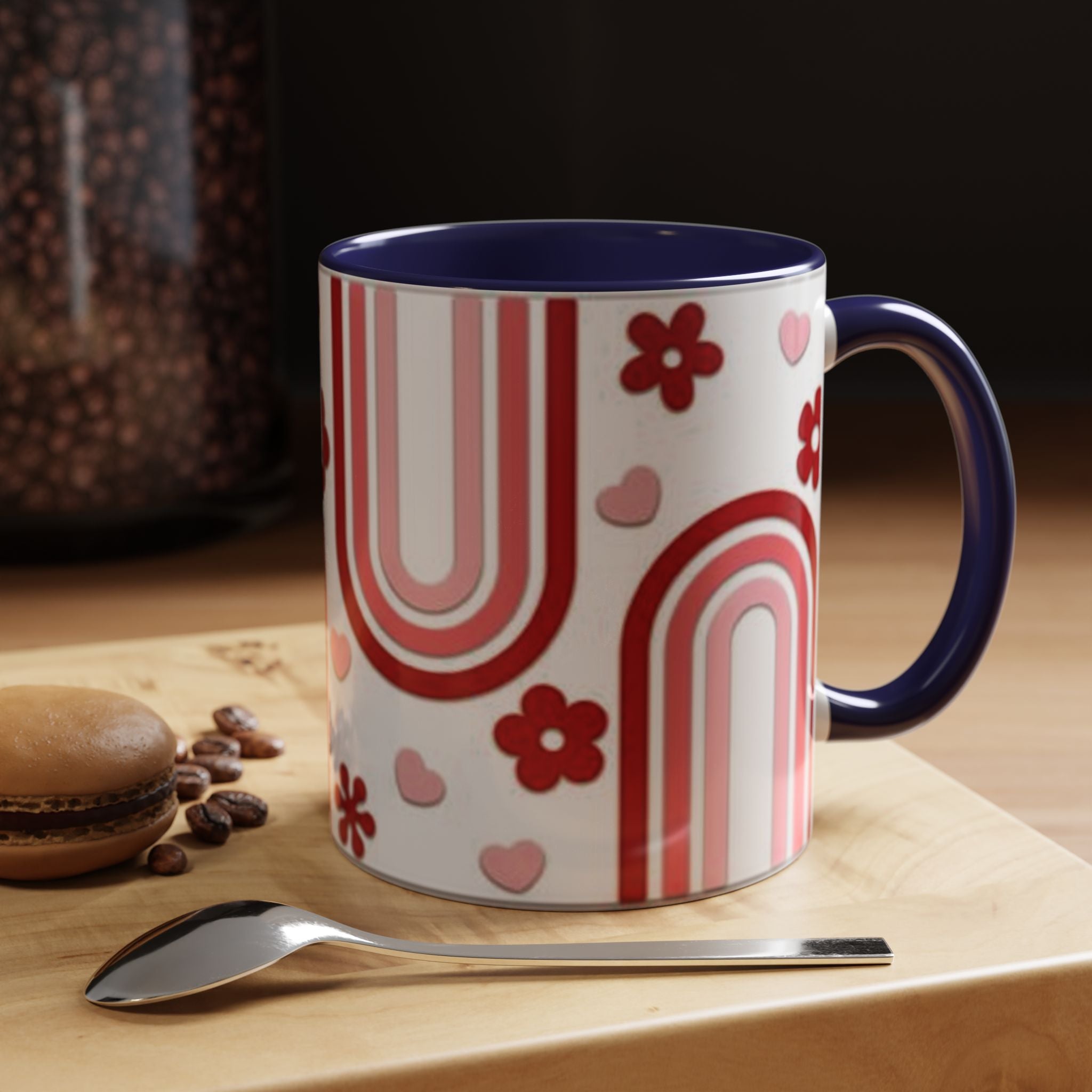 Retro Pink Rainbow Hearts and Flowers Accent Mug | 11oz or 15oz