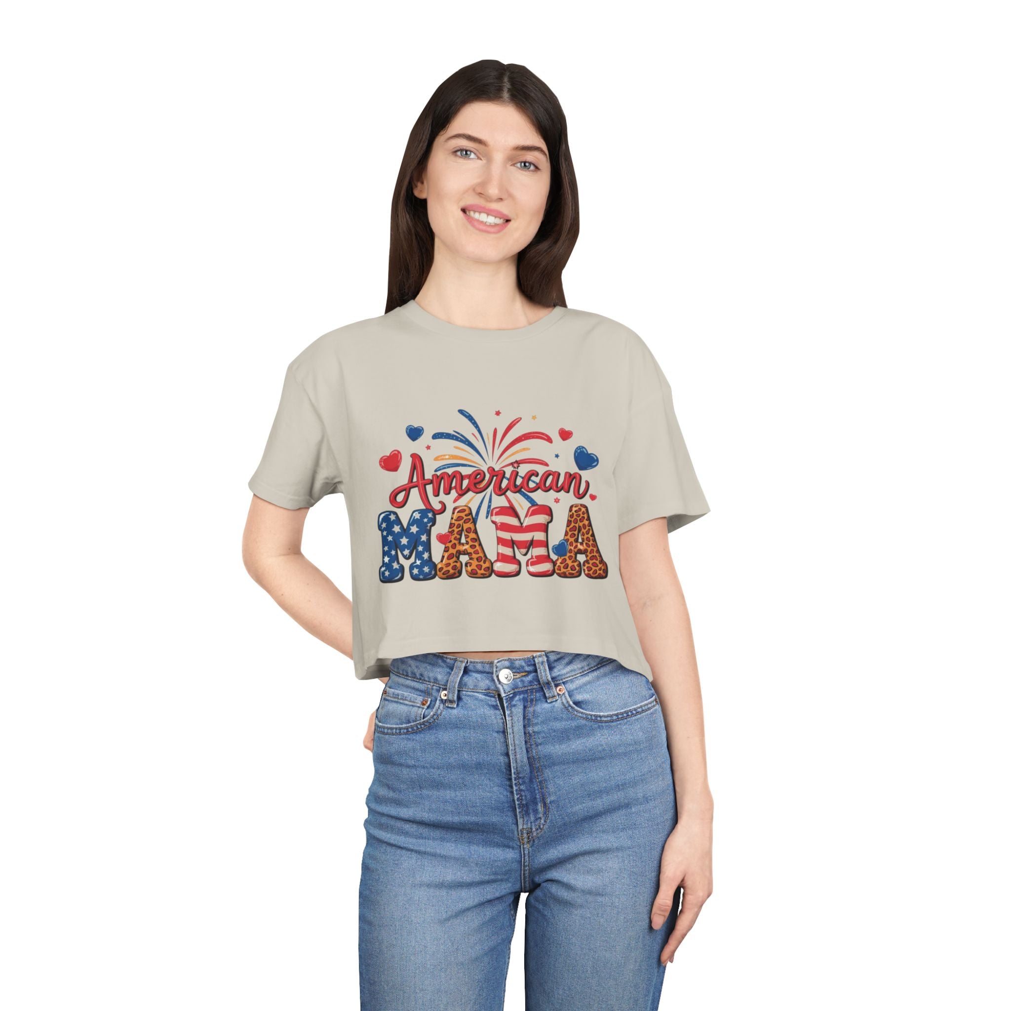American Mama crop tee | Patriotic Fourth of July fireworks USA design