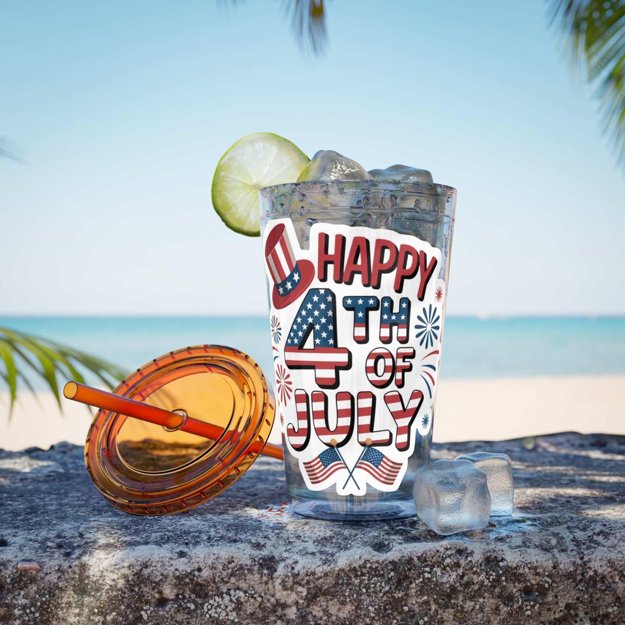 Happy 4th of July Tumbler | 16oz Straw Cup, Patriotic Fireworks Flag Design