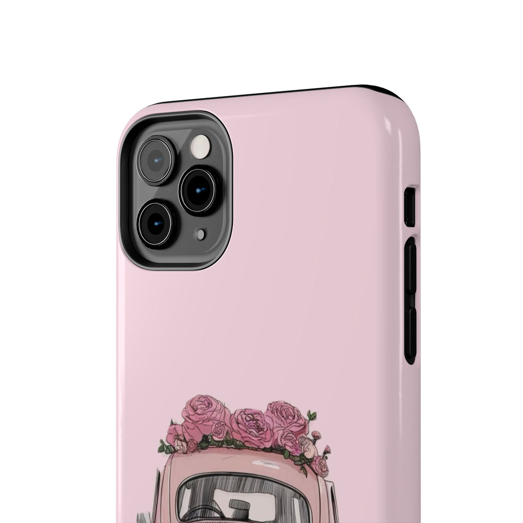 Vintage Pink Beetle with Roses Phone Case | Floral Car Tough Phone Case