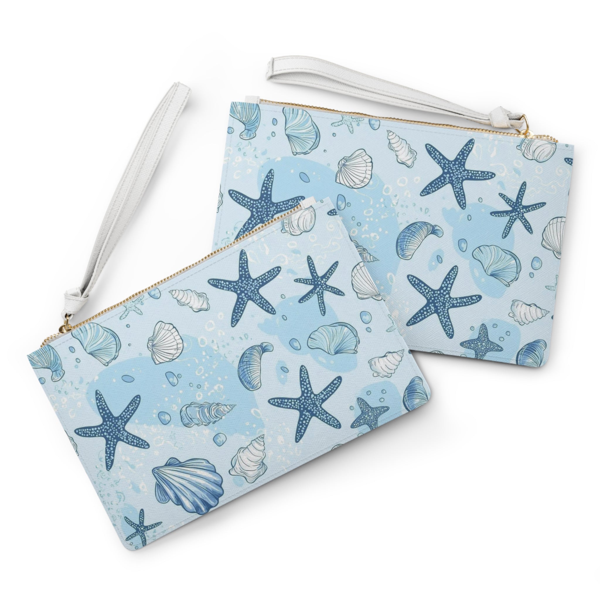 Seashell & Starfish Wristlet Clutch — Coastal Beach Pattern Makeup Bag