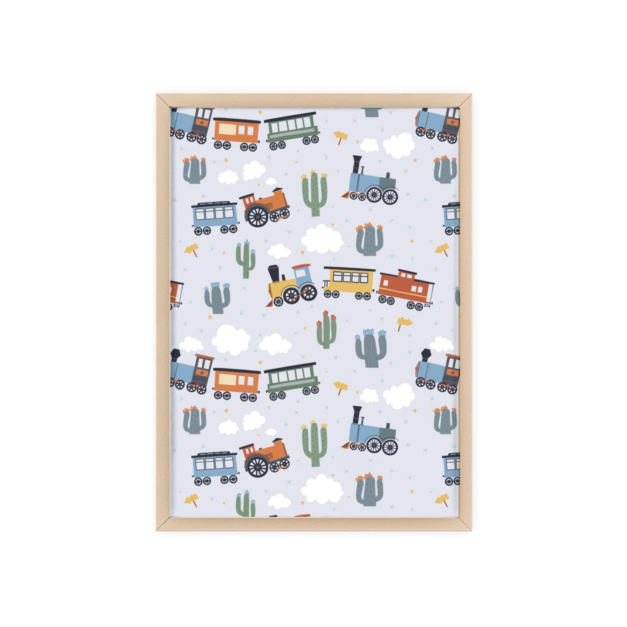 Kids' Train Poster with Wooden Frame — Nursery Wall Art, Playroom Decor
