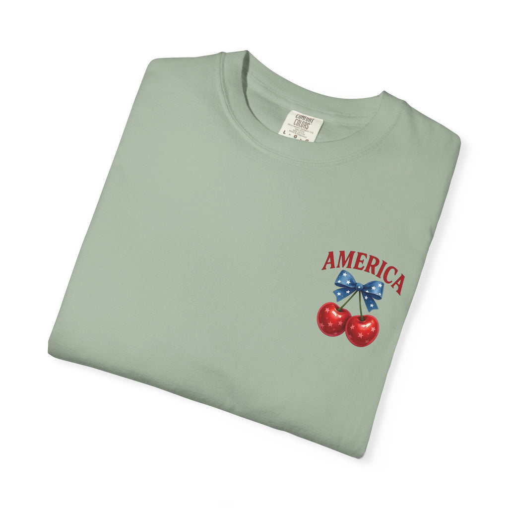 America Cherry Bow T-shirt | Patriotic Stars & Stripes Cherry Design
