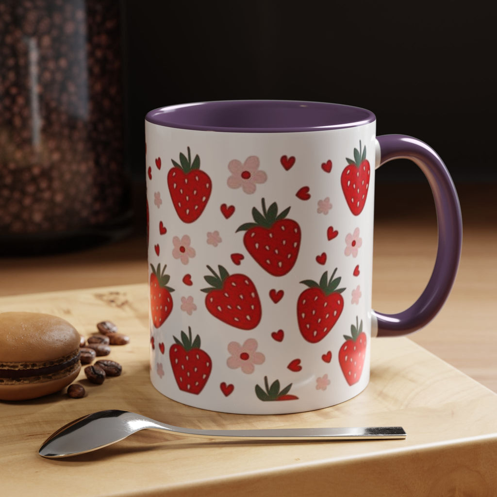 Strawberry Pattern Accent Coffee Mug — Cute Red Berries & Hearts 11/15oz