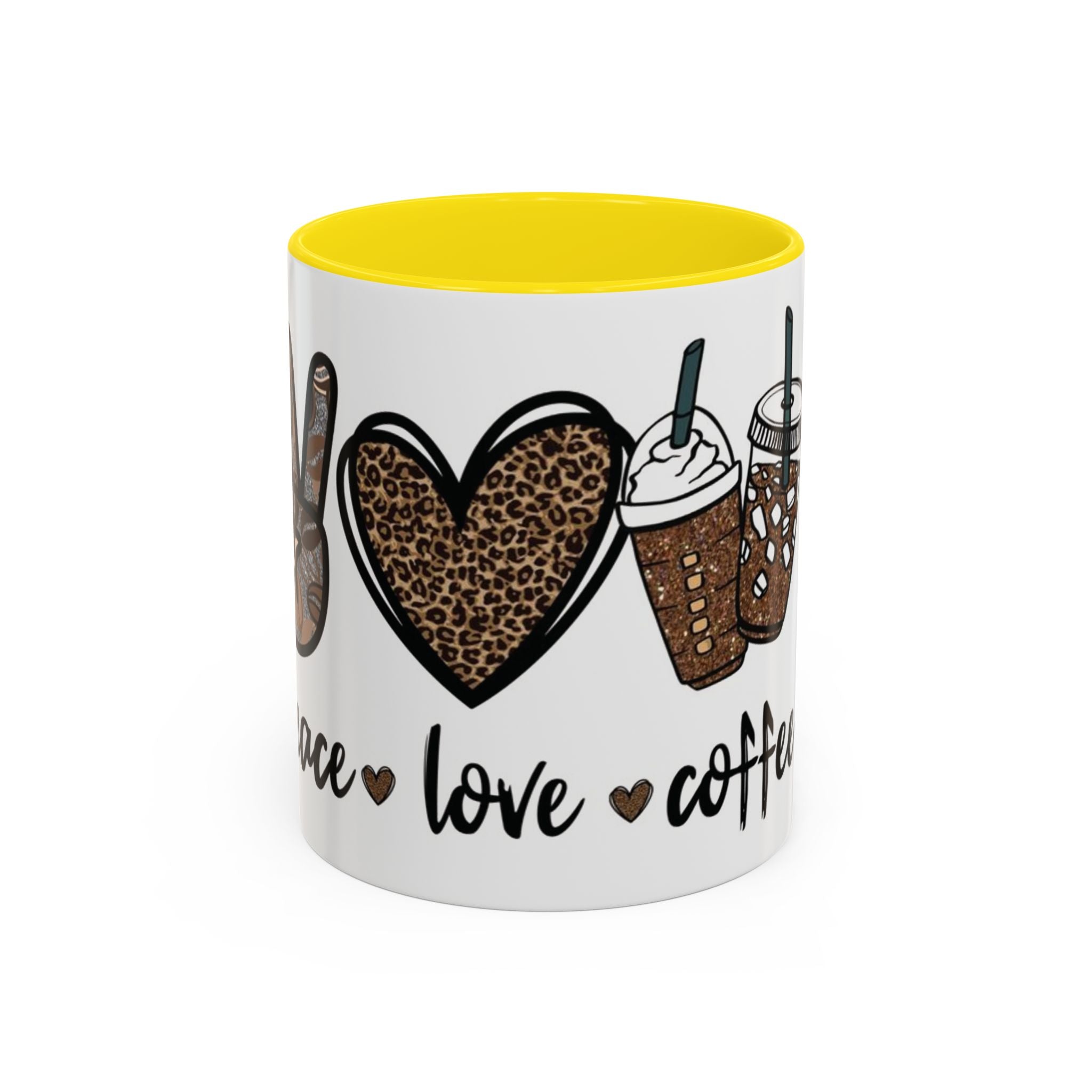Coffee Love Accent Mug — Leopard Print Peace, Heart & Coffee Design (11/15oz)